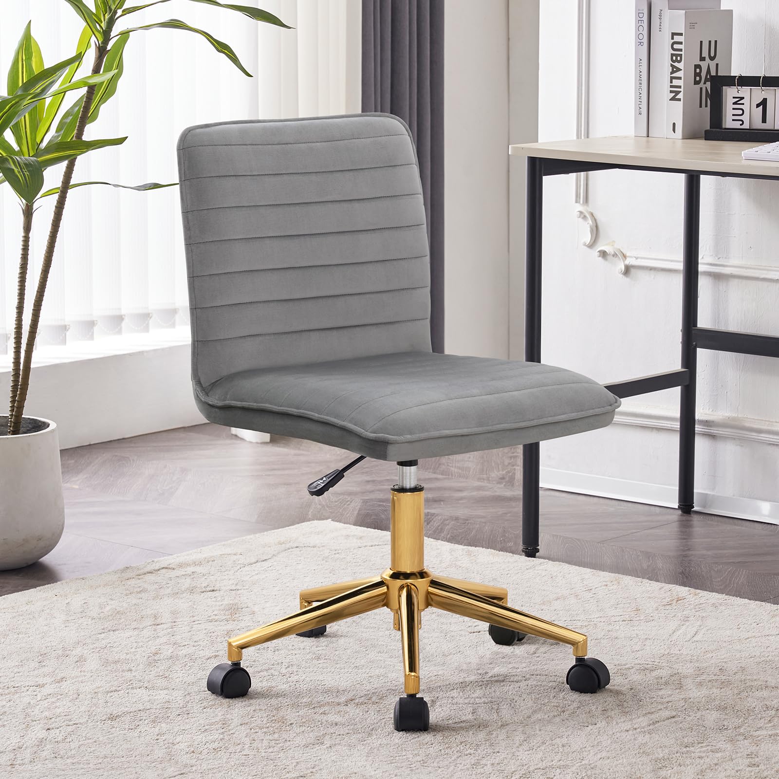Furnimart Modern Armless Office Desk Chair - Adjustable Swivel Mid-Back Upholstered Chair for Home Office, Dorm Room & Vanity | Soft Velvet Seat (Grey) | Perfect for Teen Girls, Small Spaces & Workstations