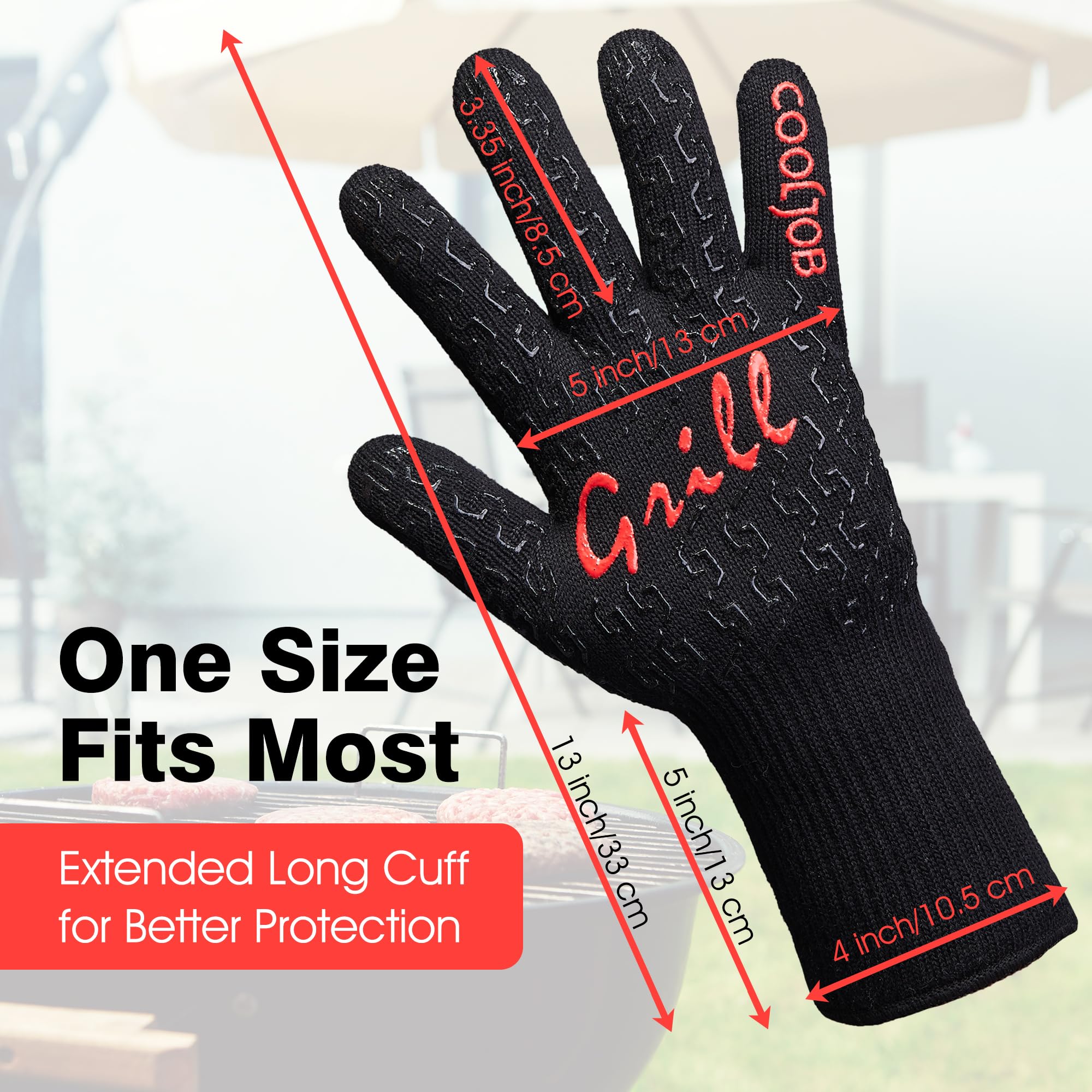 Heat Resistant BBQ Gloves for Grilling, Baking & Cooking - 800°F Aramid Fiber Oven Mitts with Silicone Grip (Black, One Size) - Perfect for BBQ, Pizza Making, Campfire Cooking & Kitchen Safety