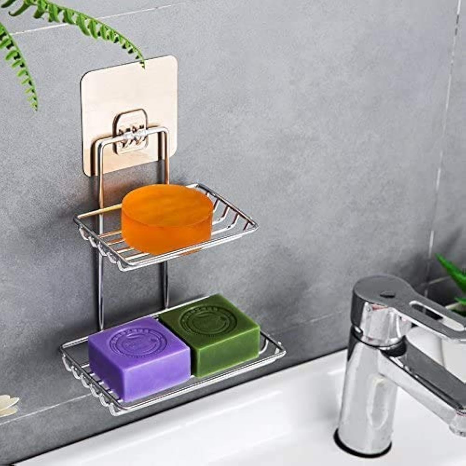 ORJILO Stainless Steel Wall Mounted Double Layer Soap Dish Holder - Rustproof Bathroom & Kitchen Soap Storage Rack with Self-Adhesive Stickers for Shower, Sink, Countertop Organization (Silver)