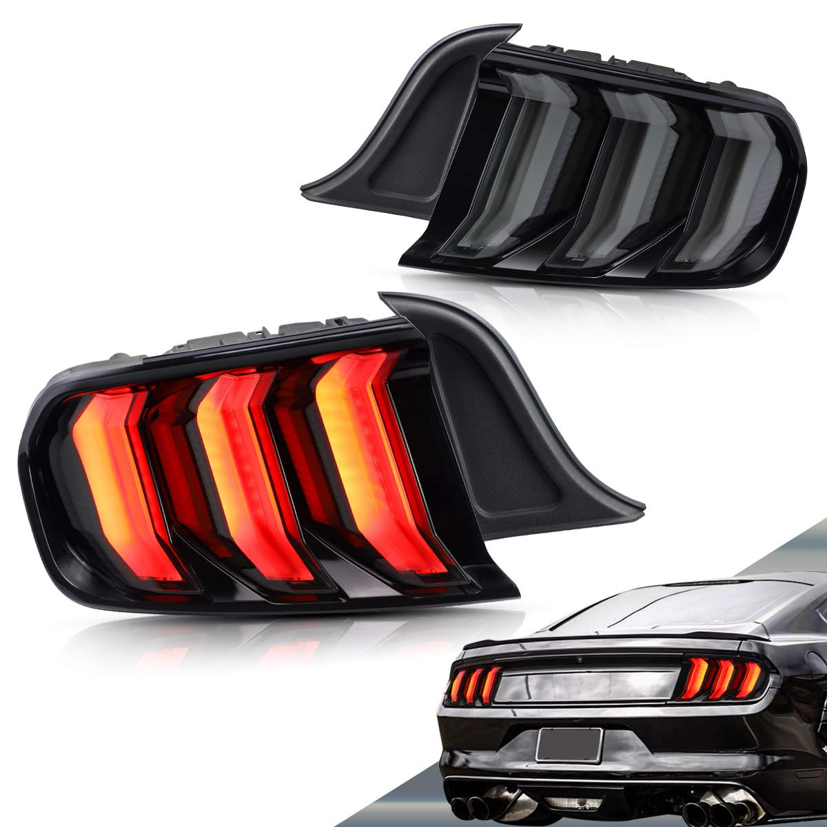 VLAND LED Tail Lights Compatible with Ford Mustang 2015-2020 - Sequential Amber/Red Turn Signals, 5 Lighting Modes, Smoke Lens (Driver & Passenger Side) - Upgrade Your Mustang's Style & Safety for Night Driving & Car Shows
