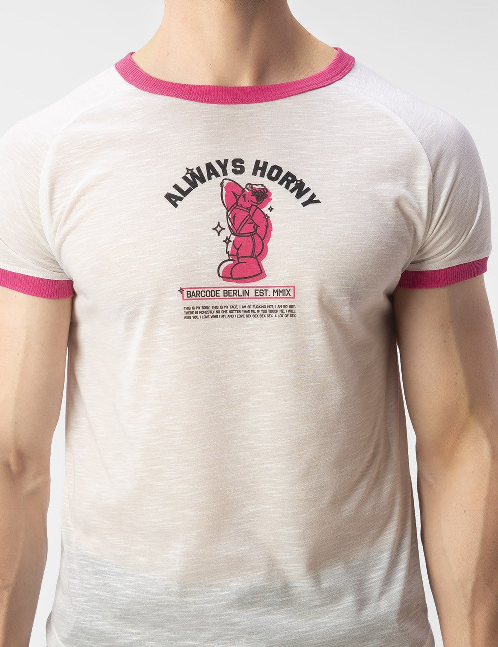 Barcode Berlin Always Horny Twink Bear Graphic T-Shirt - White | LGBTQ+ Pride, Bear Community & Casual Streetwear