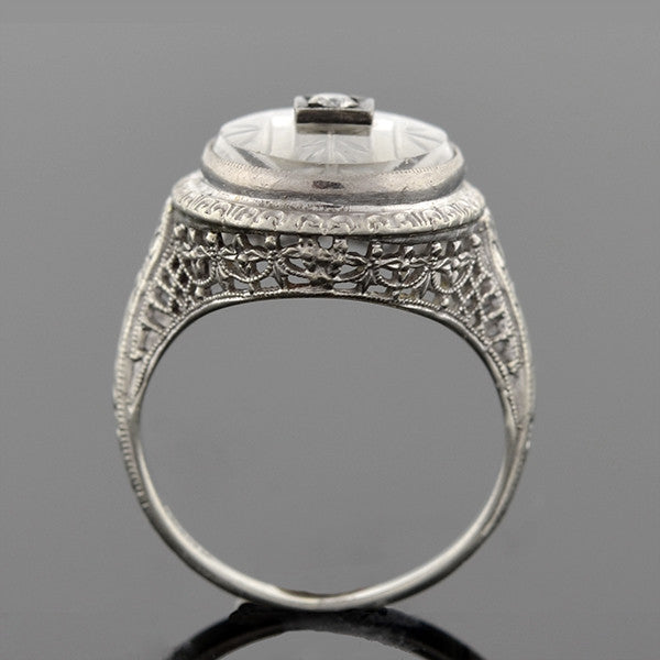 Art Deco 18K Gold Rock Quartz Crystal & Diamond Filigree Ring for Women - Vintage Inspired Jewelry for Weddings, Anniversaries & Special Occasions