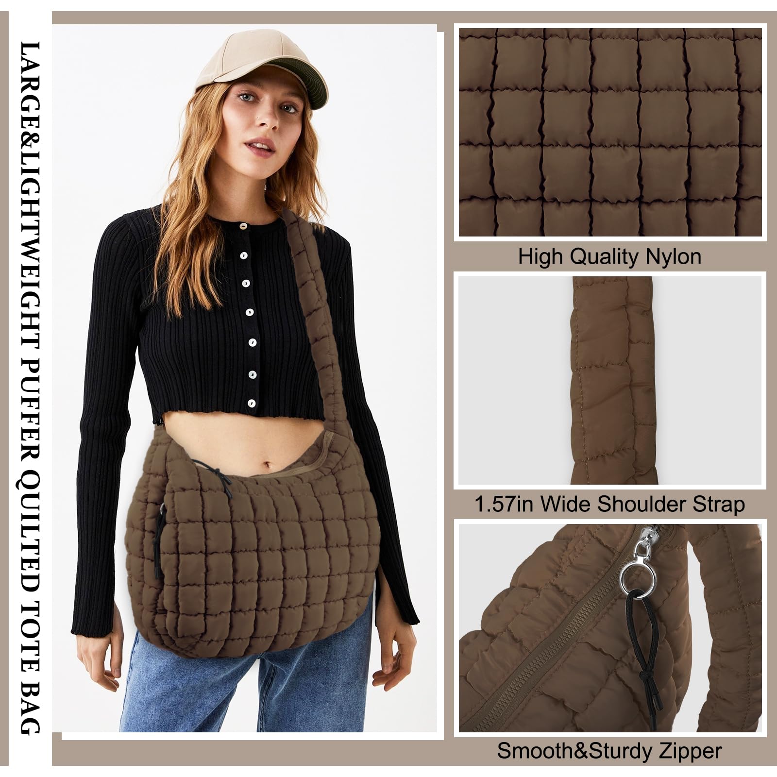 Quilted Puffer Tote Bag for Women - Lightweight Nylon Crossbody Shoulder Purse | Stylish Hobo Carryall Handbag for Girls | Perfect for Work, Travel & Daily Use