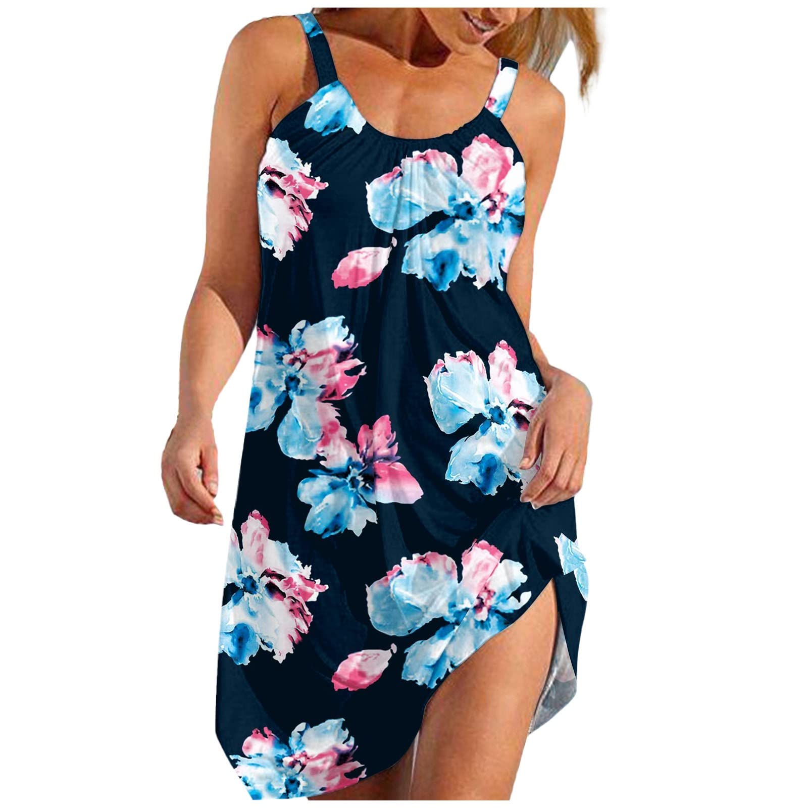 Mebamook Women's Spaghetti Strap Sundress - Floral Print Sleeveless Summer Dress with Adjustable Straps for Beach, Vacation & Casual Outings