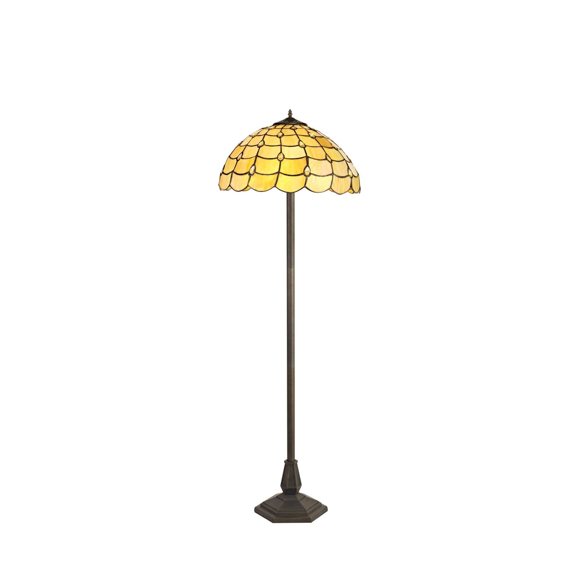 Aero 2 Light Leaf Design Floor Lamp with 40cm Tiffany Shade - E27 Socket, Beige/Clear Crystal/Aged Antique Brass Finish | Perfect for Living Room, Bedroom & Office Lighting