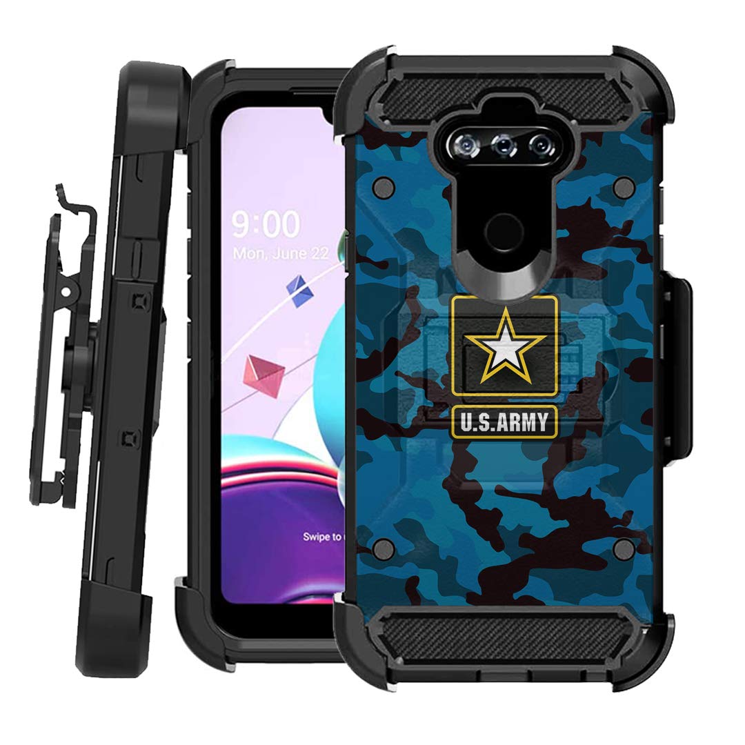 LG K31 Kickstand Case - Heavy Duty Hybrid Cover with Belt Clip (Army Camo Blue) for Outdoor Protection