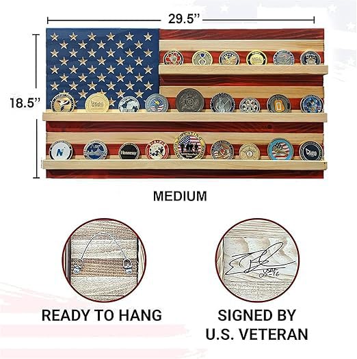 Flags of Valor American Flag Challenge Coin Display - Holds 40 Military Coins | Veteran-Made USA Wall Decor | Ready-to-Hang US Flag (Medium 18.5