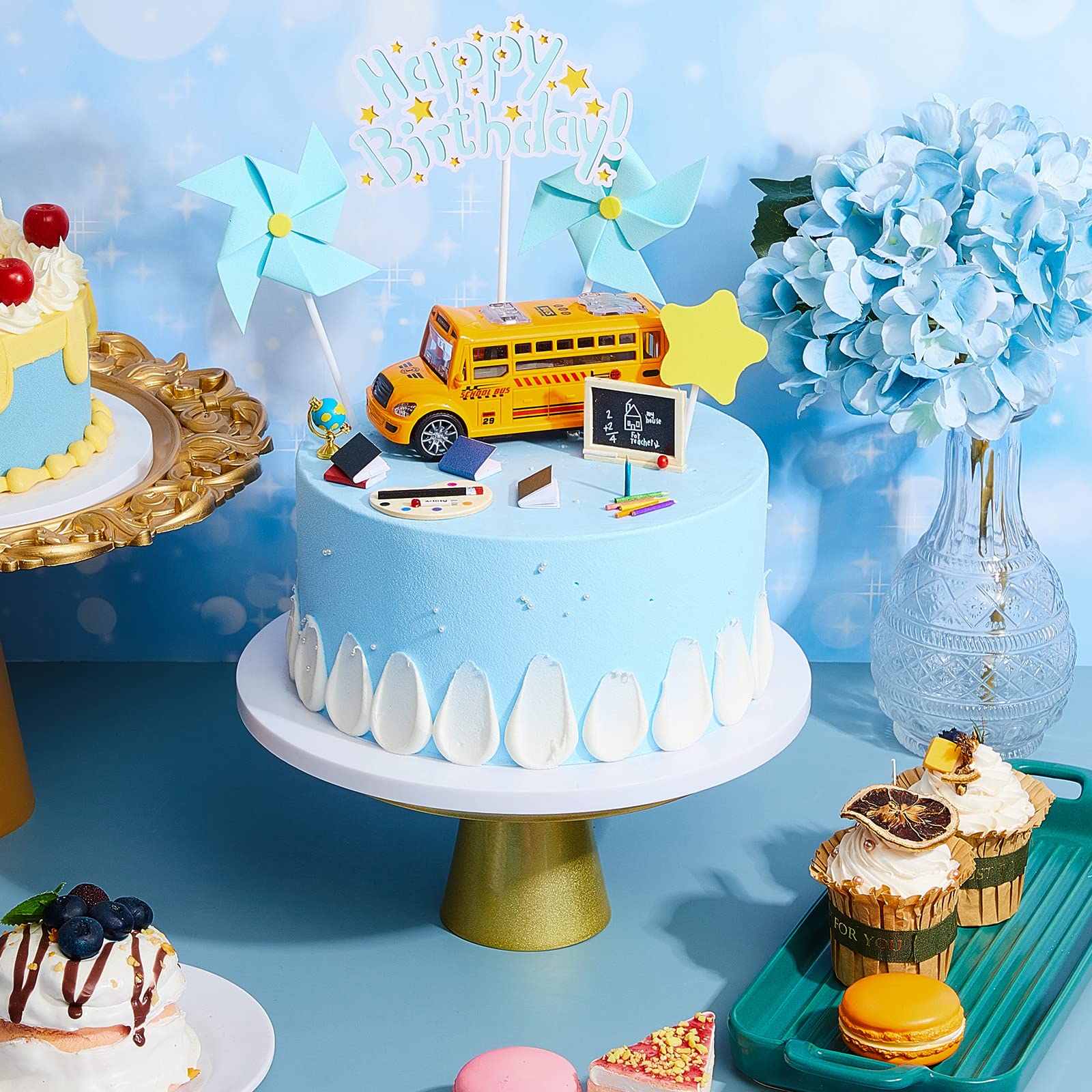 School Bus Cake Topper Set - Back to School Star Pen, Blackboard & Book Decorations - Blue Windmill Cake Toppers for Birthday Party Theme - Perfect for Classroom Celebrations & Kids Birthday Cakes