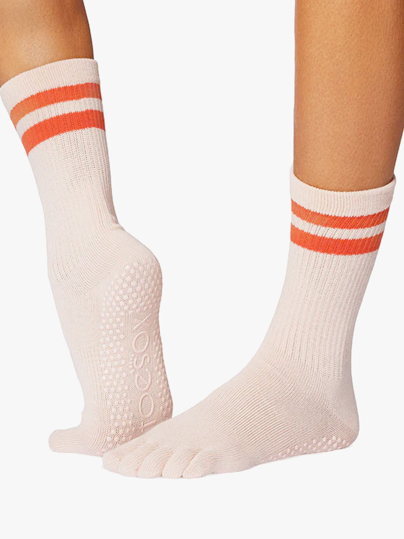 ToeSox Full Toe Grip Socks for Yoga, Pilates & Barre - Non-Slip Hot Coral Striped Workout Socks for Women - Perfect for Dance, Fitness & Studio Classes