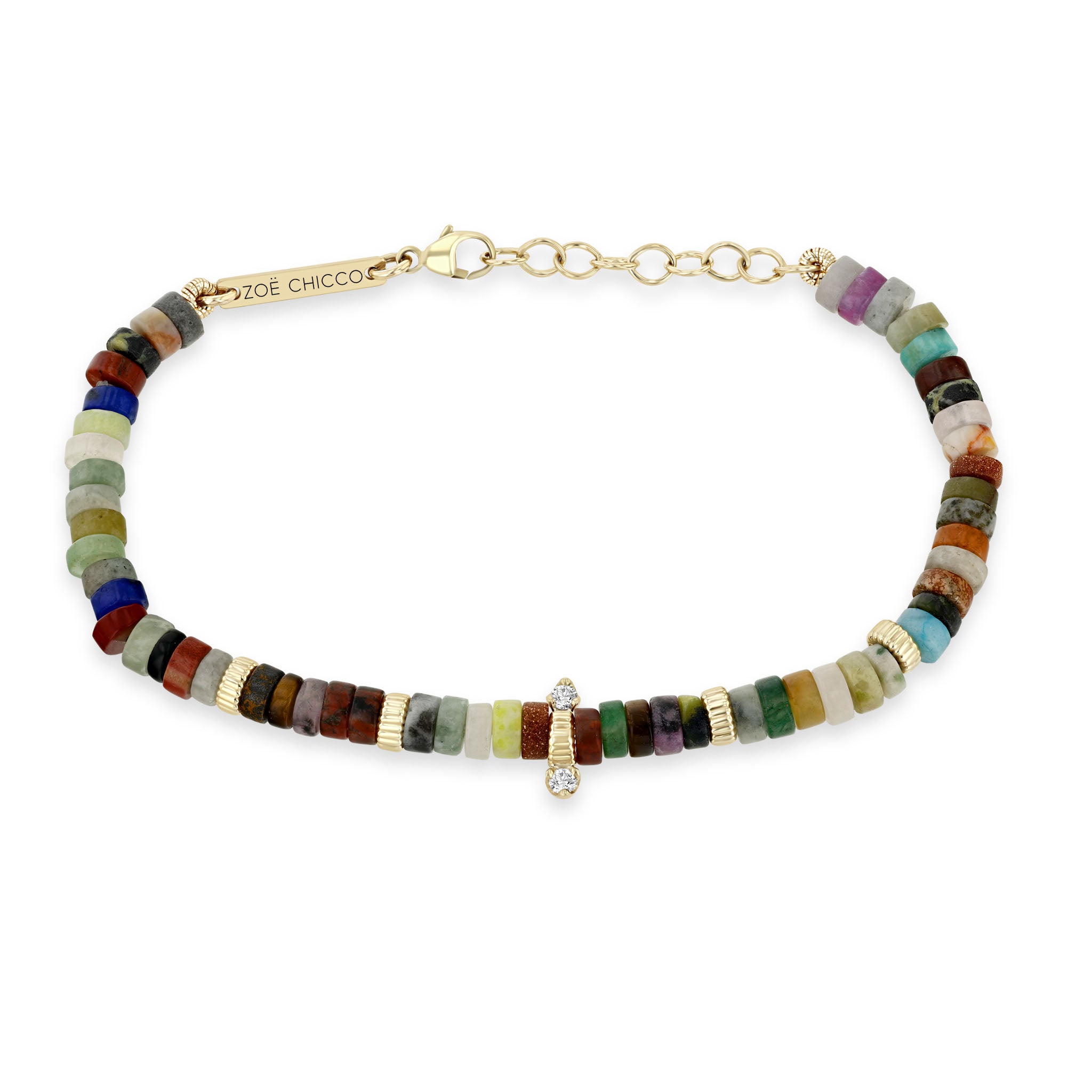 14K Gold Heishi Bead Bracelet with Mixed Gemstones & 2-Prong Diamonds | Elegant Stackable Jewelry for Women, Perfect for Weddings, Parties & Everyday Wear