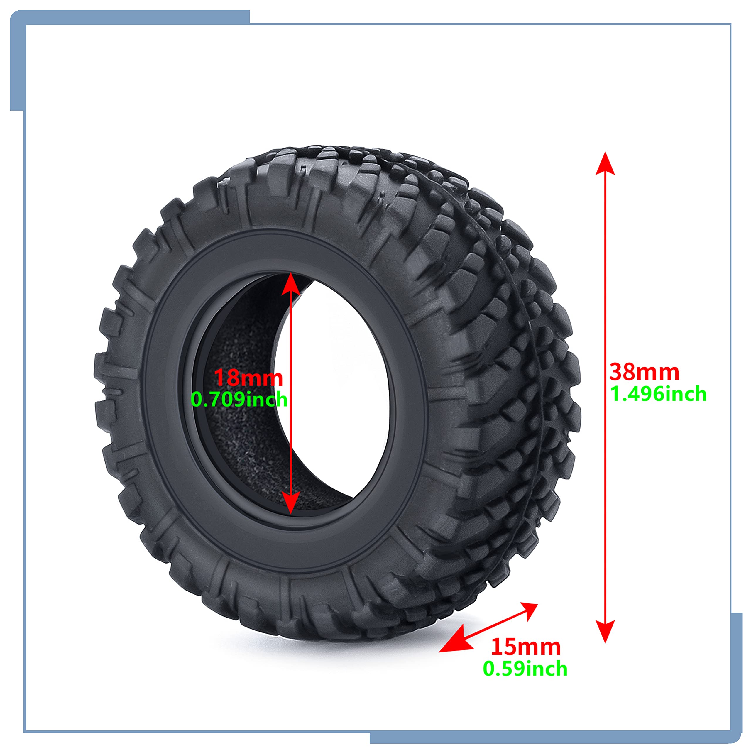 4PCS Rubber Micro RC Tires 38mm - Compatible with Kyosho Mini Z 4x4, 1/18 & 1/24 Scale RC Cars - Durable Off-Road Performance for Crawling, Racing & Drifting