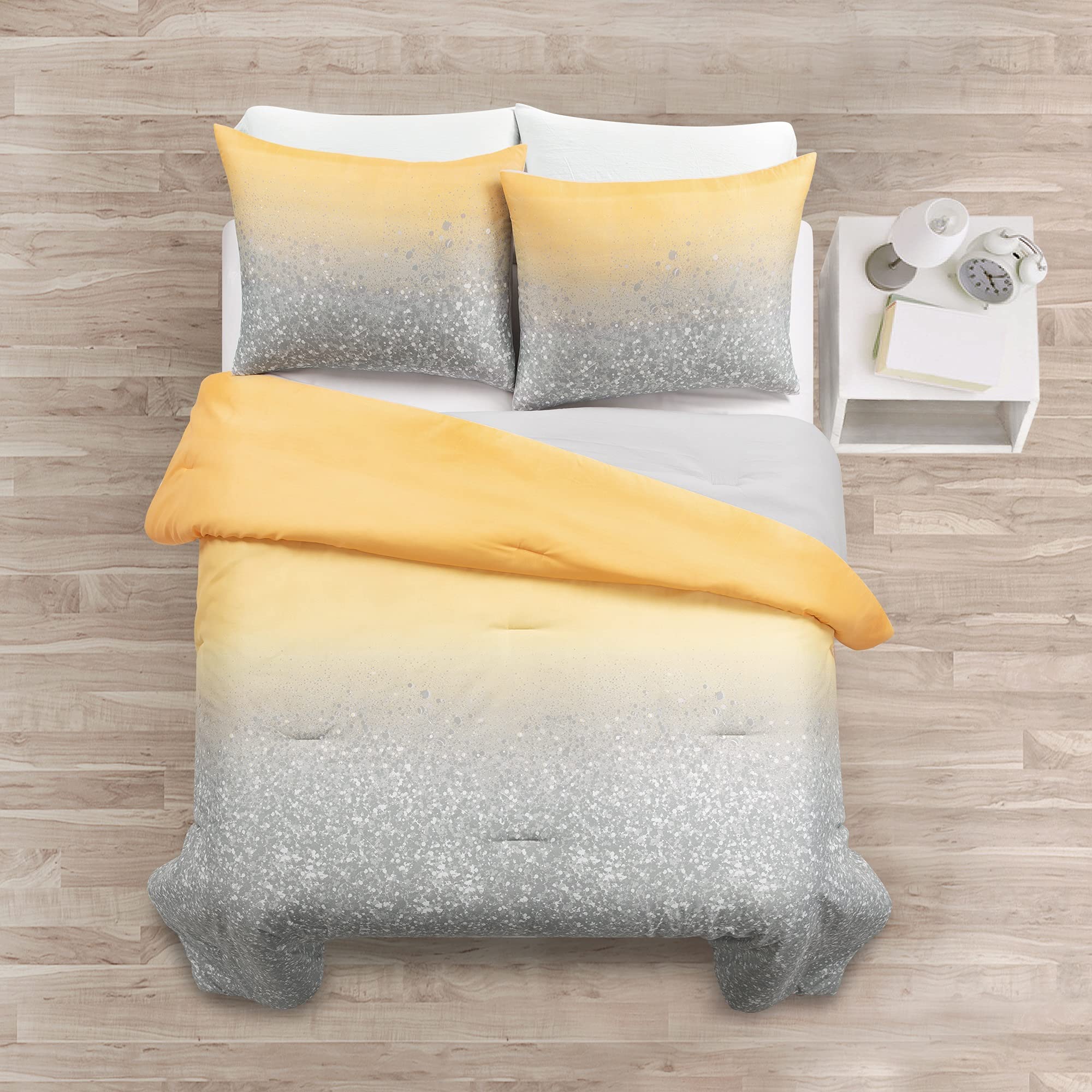 Lush Decor Glitter Ombre Metallic Print 2-Piece Twin Comforter Set - Yellow & Gray | Soft & Stylish Bedding for Kids' Rooms, Dorms & Guest Bedrooms