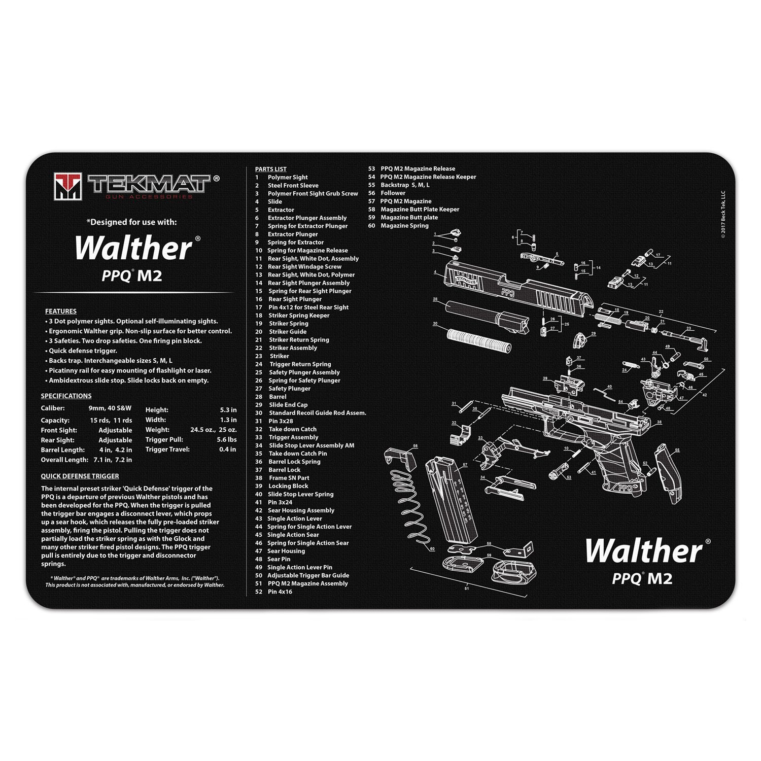 Walther PPQ M2 Gun Cleaning Mat - Non-Slip TekMat with Cleaning Guide | Perfect for Firearm Maintenance & Range Use