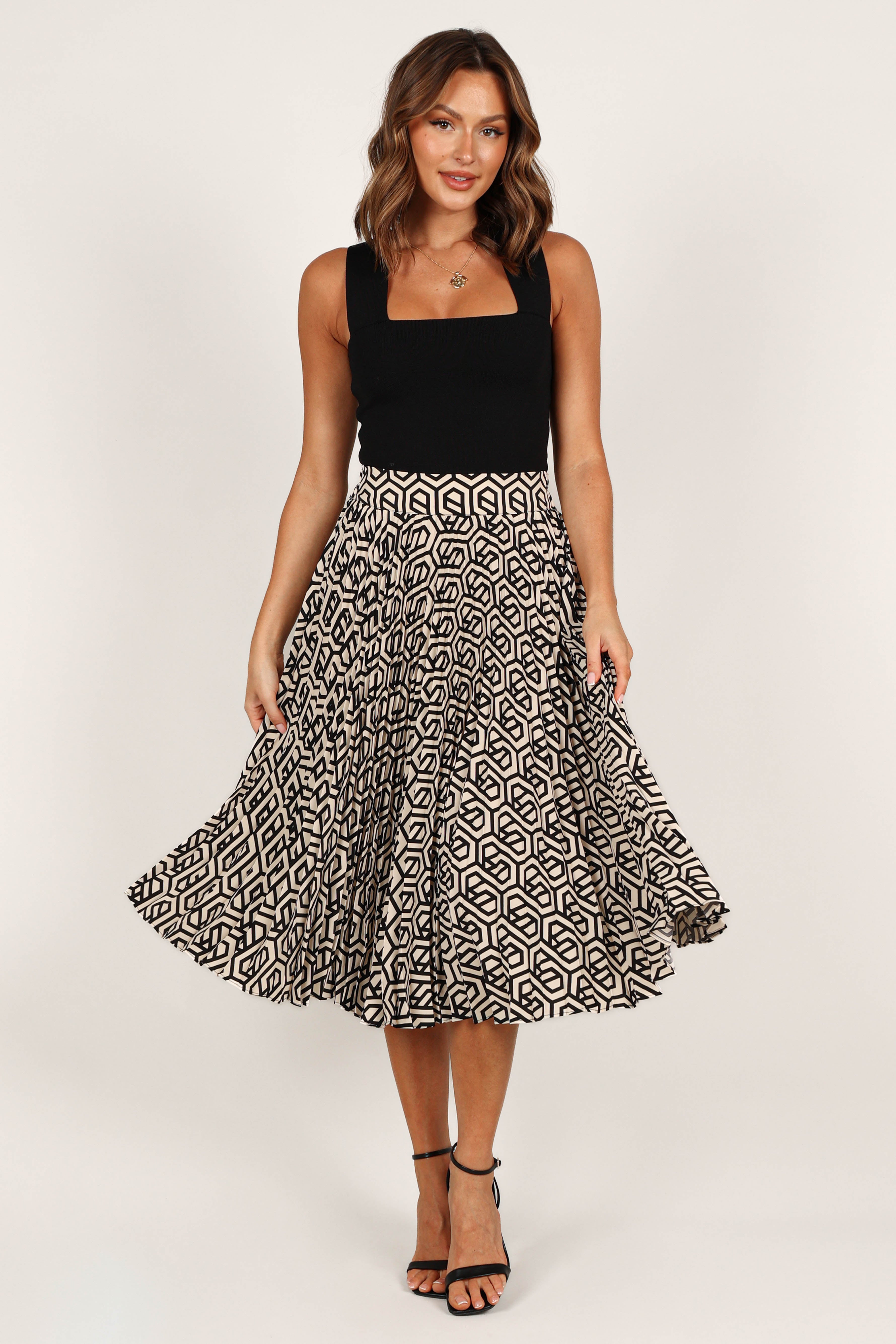 Carmel Pleat Midi Skirt - Black Print Floral Design | Women's A-Line Skirt for Office, Party & Casual Wear | Plus Size Available