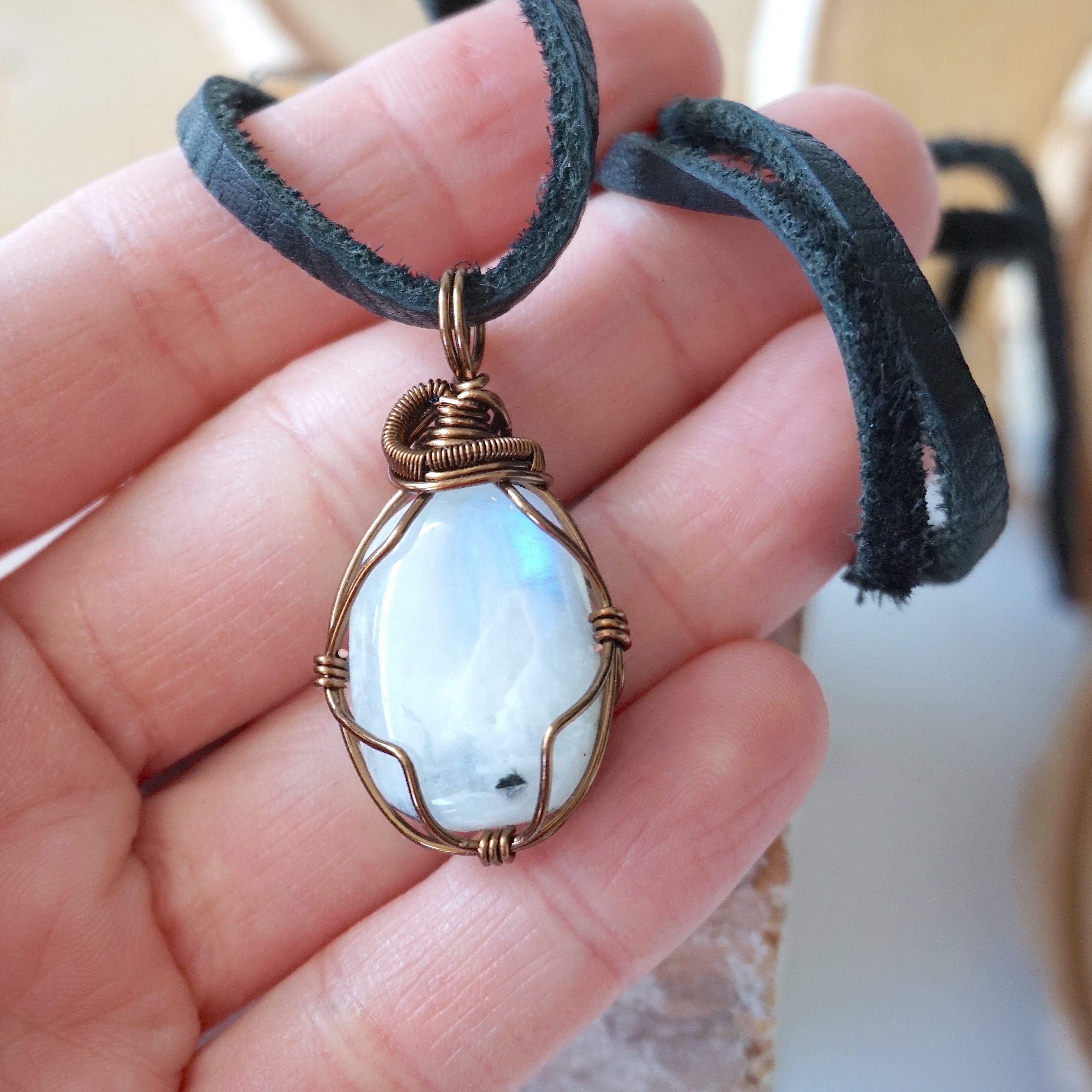 Antique Bronze Men's Rainbow Moonstone Pendant with Black Leather Cord - Perfect for Spiritual Healing, Meditation & Gift Giving