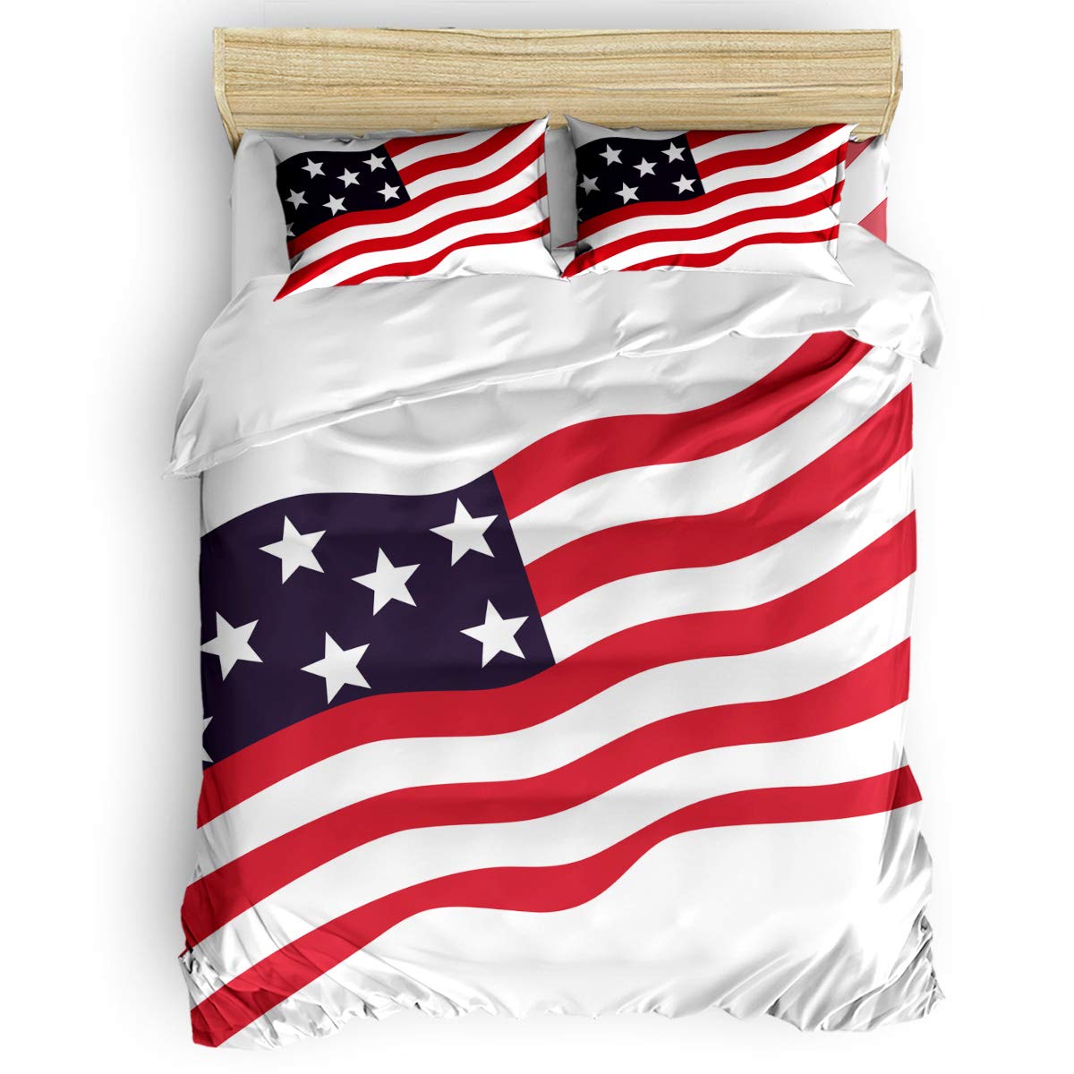 Laibao Home 4-Piece USA Flag Star Print Bedding Set - Queen Size Soft Duvet Cover, Flat Sheet & Pillowcases for Kids, Teens & Adults | Perfect for Patriotic Bedrooms, Dorm Rooms & American-Themed Decor