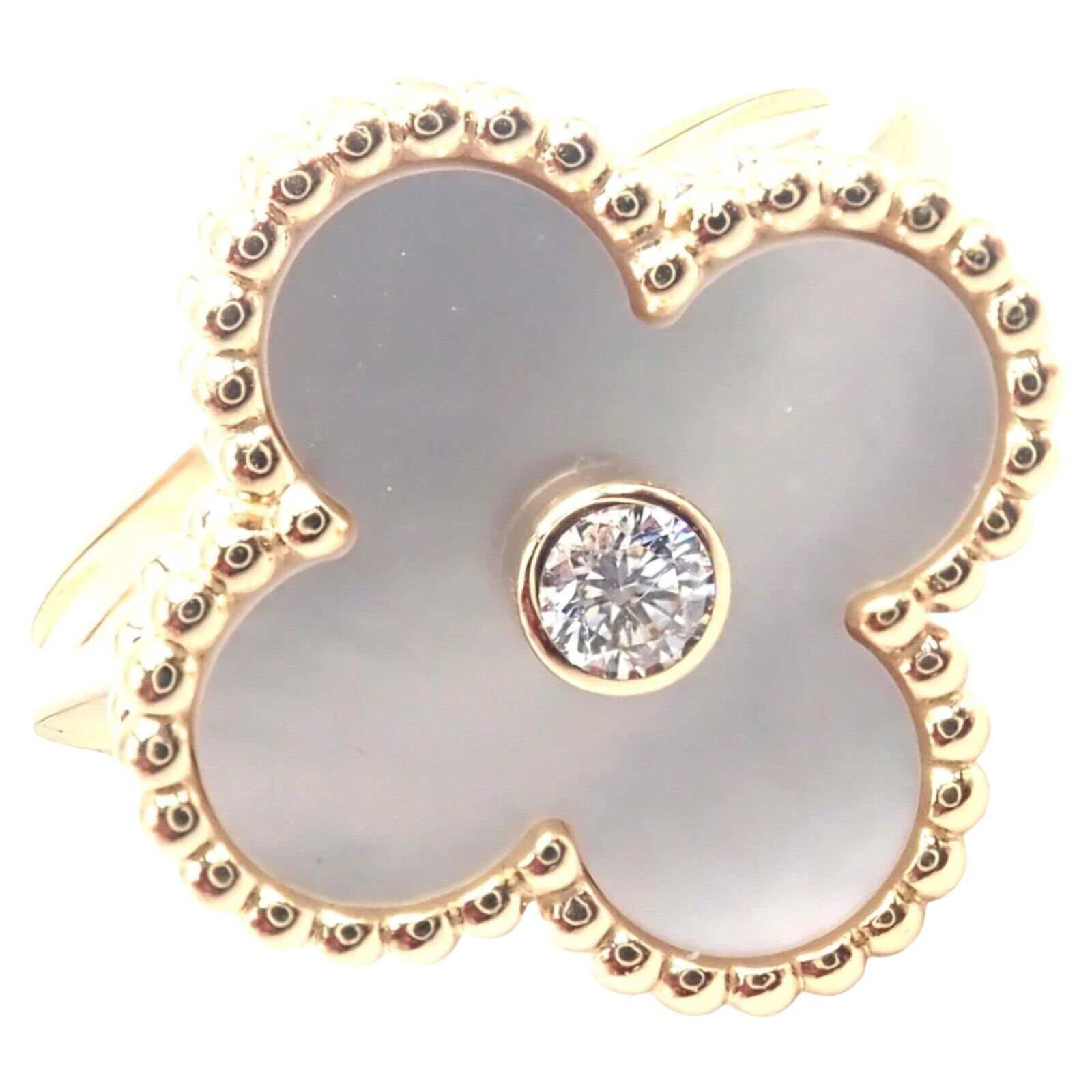 Van Cleef & Arpels Vintage Alhambra 18k Yellow Gold Mother of Pearl Diamond Ring - Luxury Jewelry for Women, Elegant Gift for Anniversary & Special Occasions