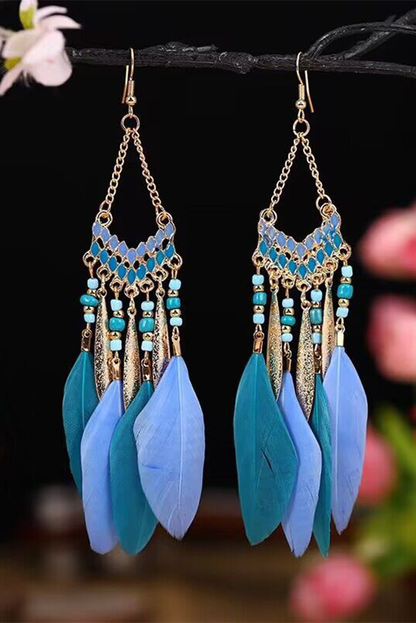 Vintage Bohemian Feather Earrings with Chain Tassel - Handmade Boho Jewelry for Women, Perfect for Festivals, Parties, and Casual Wear