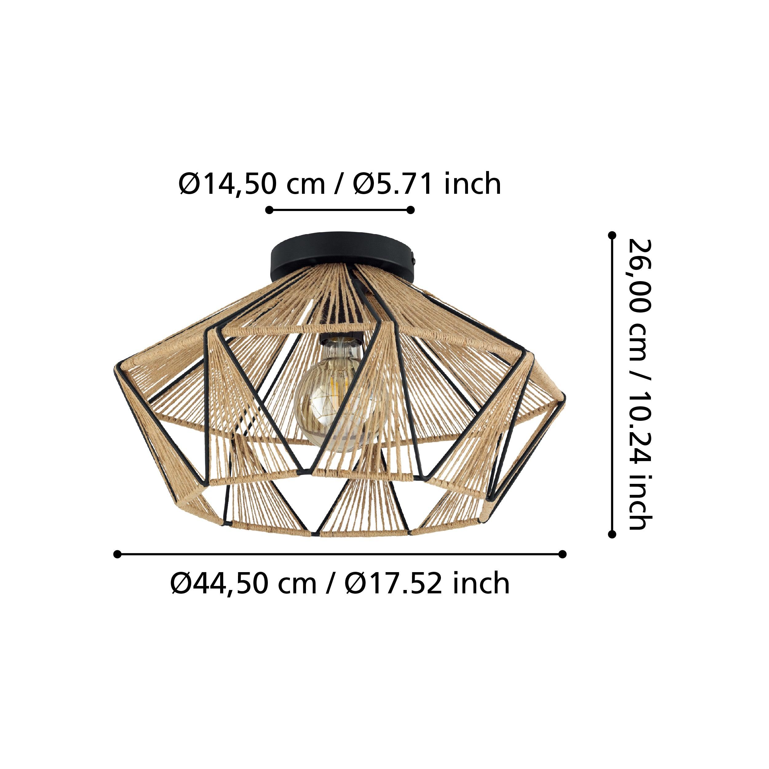 Eglo Adwickle Modern Flush Mount Ceiling Light - Black Metal & Hemp Shade - Perfect for Bedroom, Kitchen, or Hallway Lighting