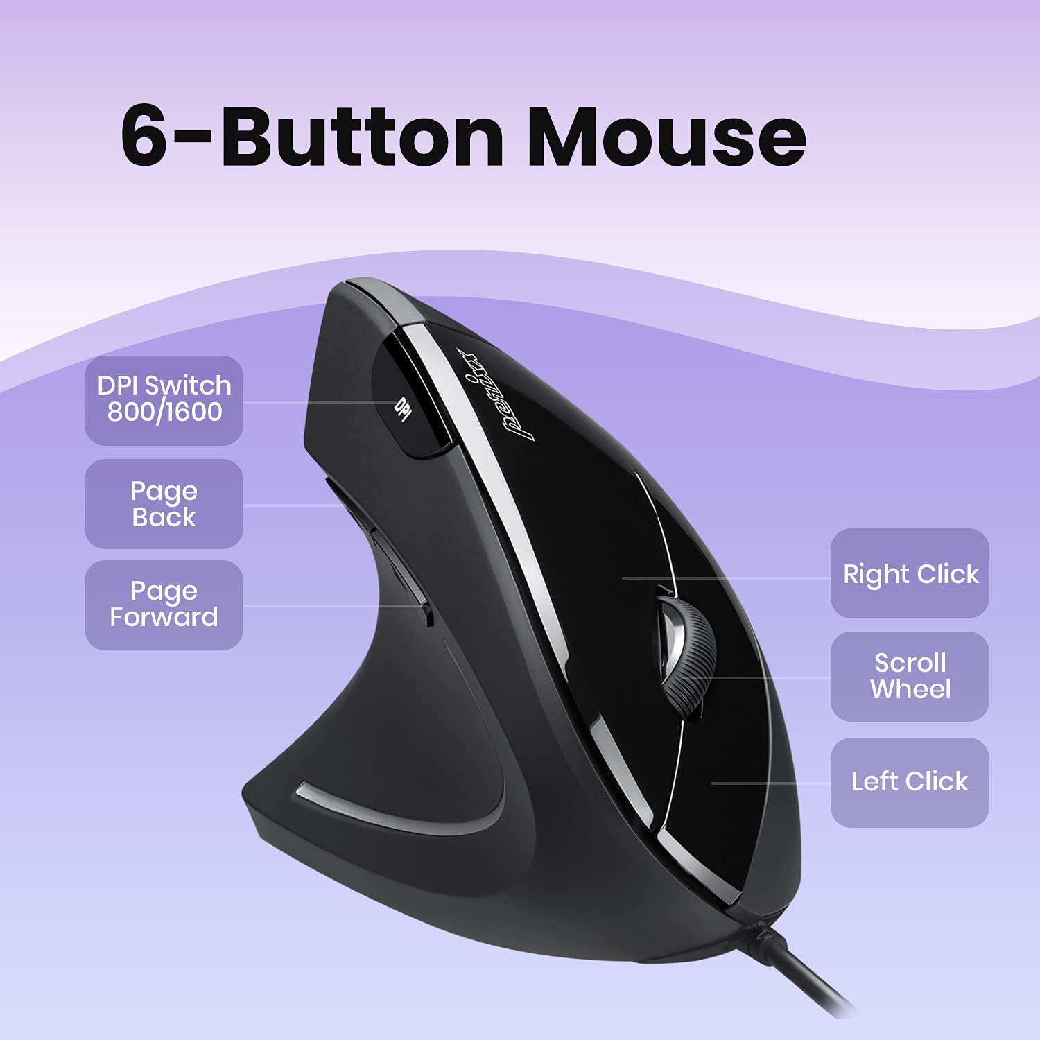 Perixx Perimice-513L Wired Vertical Ergonomic Mouse - 6 Button Optical Mouse with 2 Adjustable DPI Levels (1000/1600) - Left-Handed Black Computer Mouse for Office Work, Gaming & Graphic Design