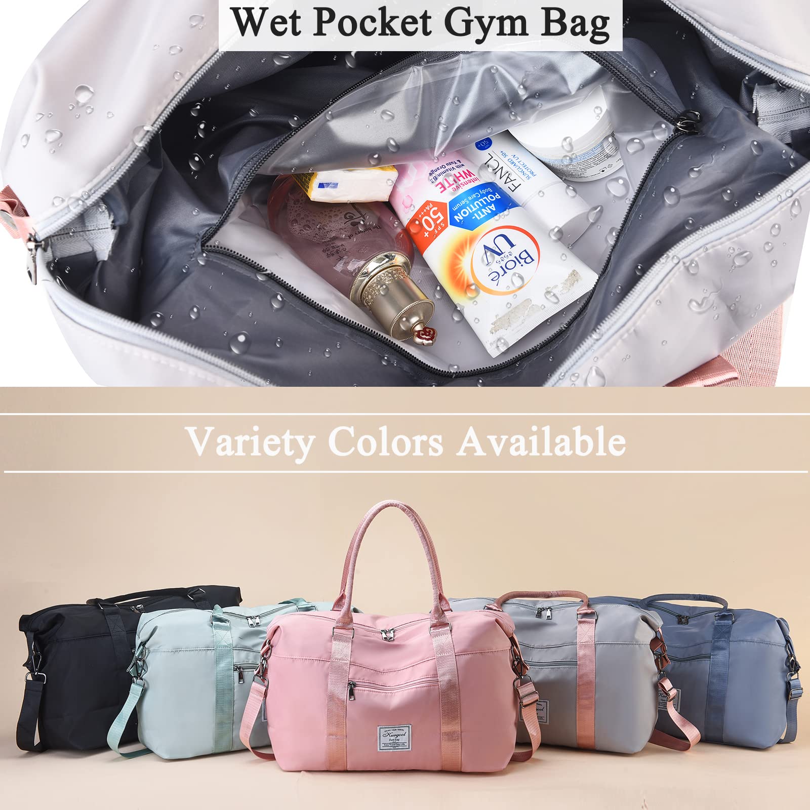 Foldable Waterproof Gym Bag with Wet Pocket - Travel Duffle Carry On Weekender Bag for Women | Perfect for Gym, Yoga, Overnight Trips & Sports Travel