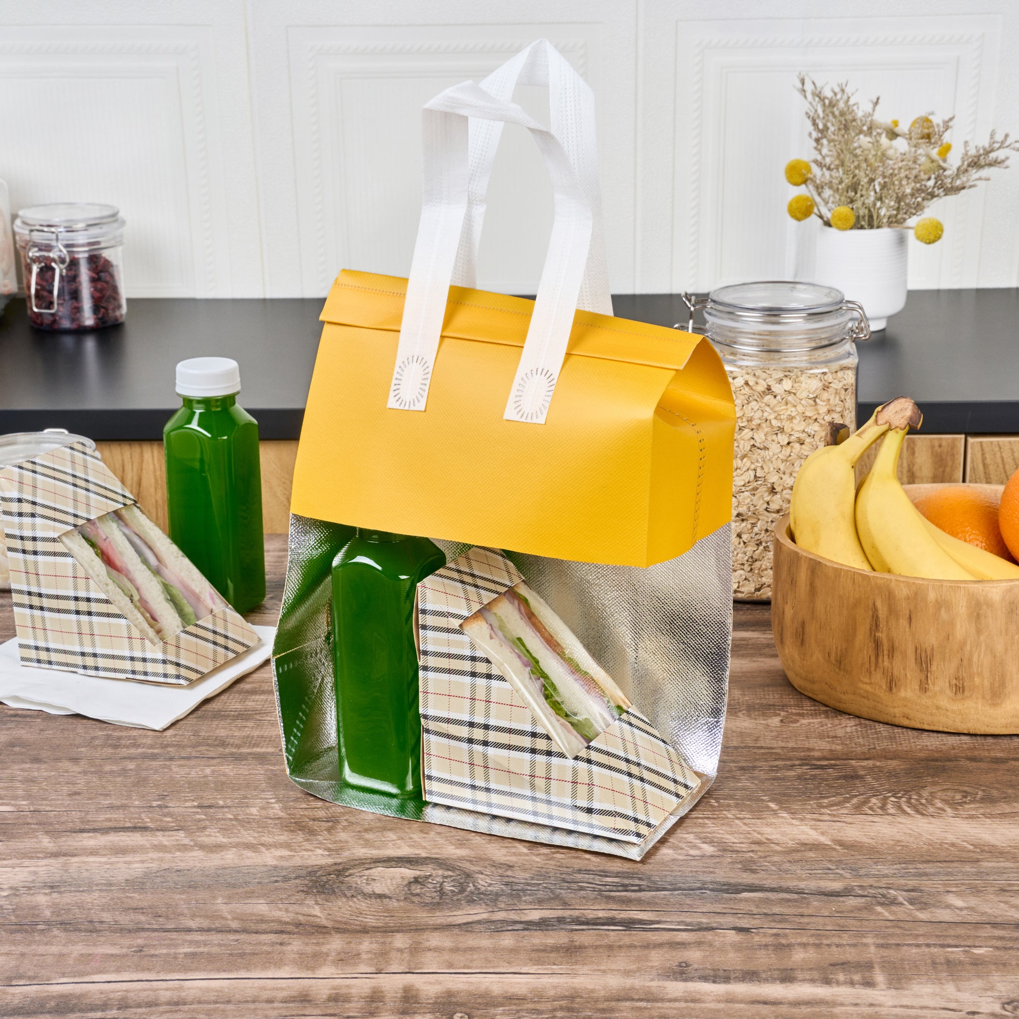 Yellow Insulated Take Out Bags - Tamper Evident Food Delivery Bags (8.25