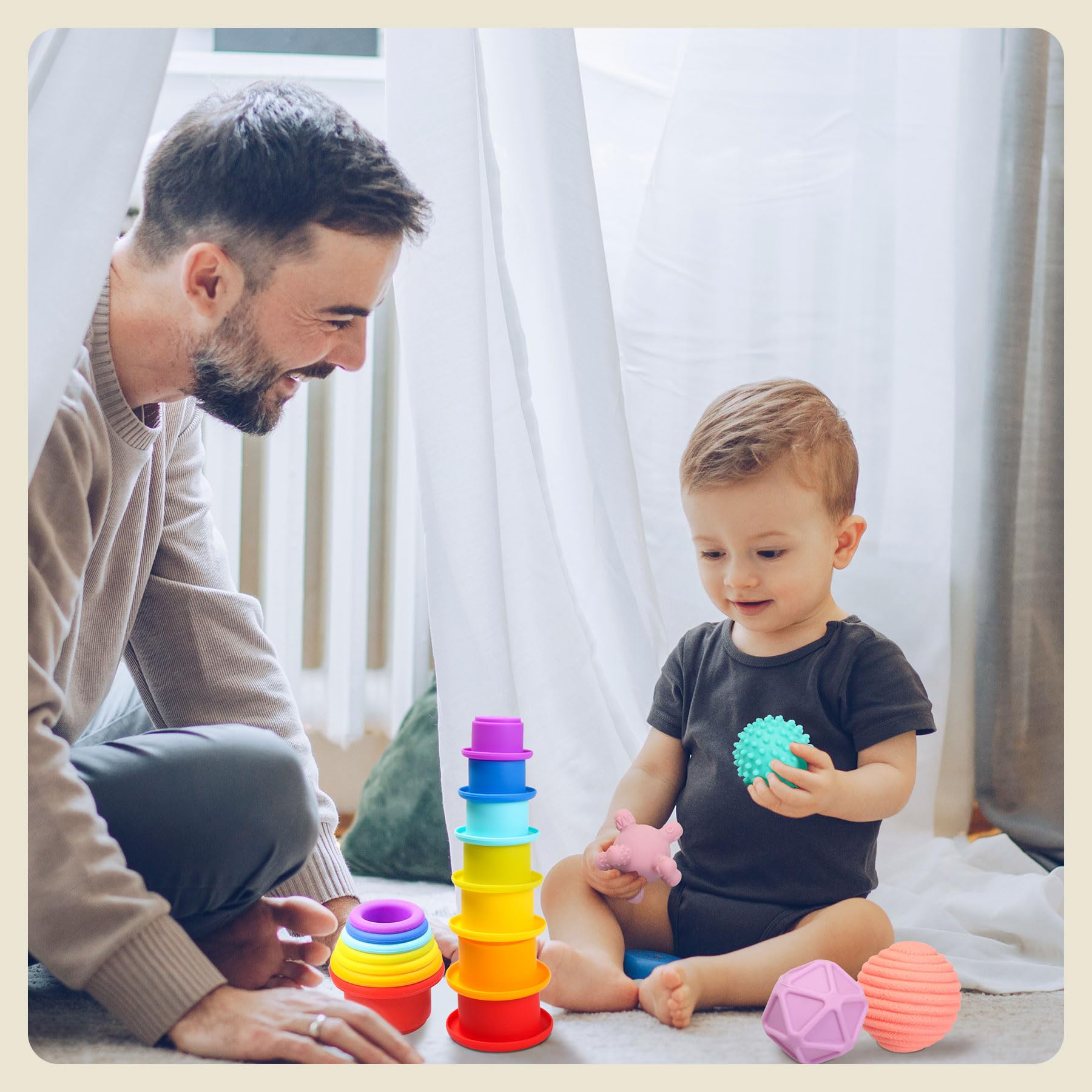 Montessori Toys for Babies 6-12 Months & Toddlers 1-2 Years Old | 8-in-1 Wooden Educational Sensory Toy Set with Stacking Cups, Sensory Balls & Tissue Box | Early Learning Developmental Toys for Infant & Toddler Playtime, Daycare & Home Education