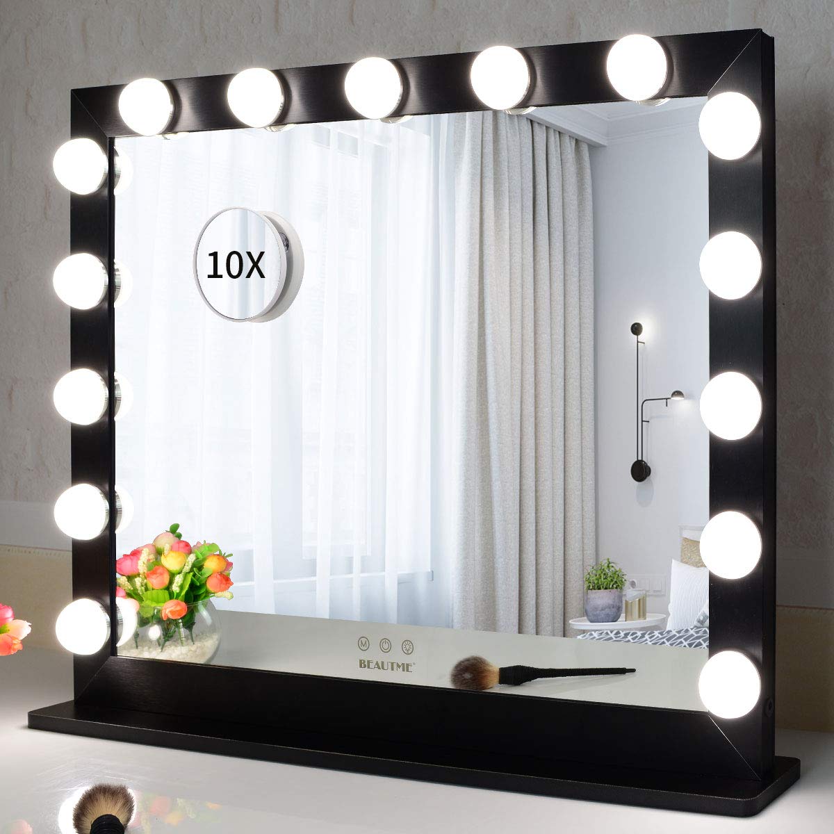 BEAUTME 15 LED Lighted Vanity Mirror with 10X Magnification - 70X55.2cm Black Makeup Mirror for Bedroom, Wall Mount or Tabletop - Perfect for Makeup Application, Skincare Routine & Hair Styling