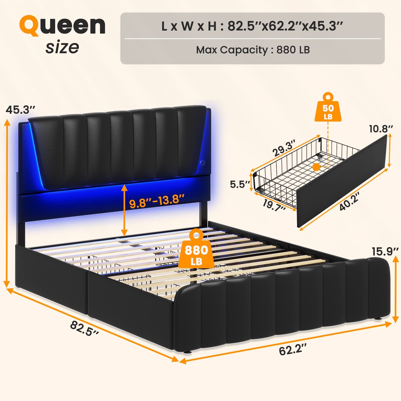 AOGLLATI Queen Size Bed Frame with Headboard, 4 Storage Drawers & LED Lights - Wooden Slat Support Platform Bed with 2 USB Ports, No Box Spring Needed - Perfect for Modern Bedrooms, Small Spaces & Guest Rooms
