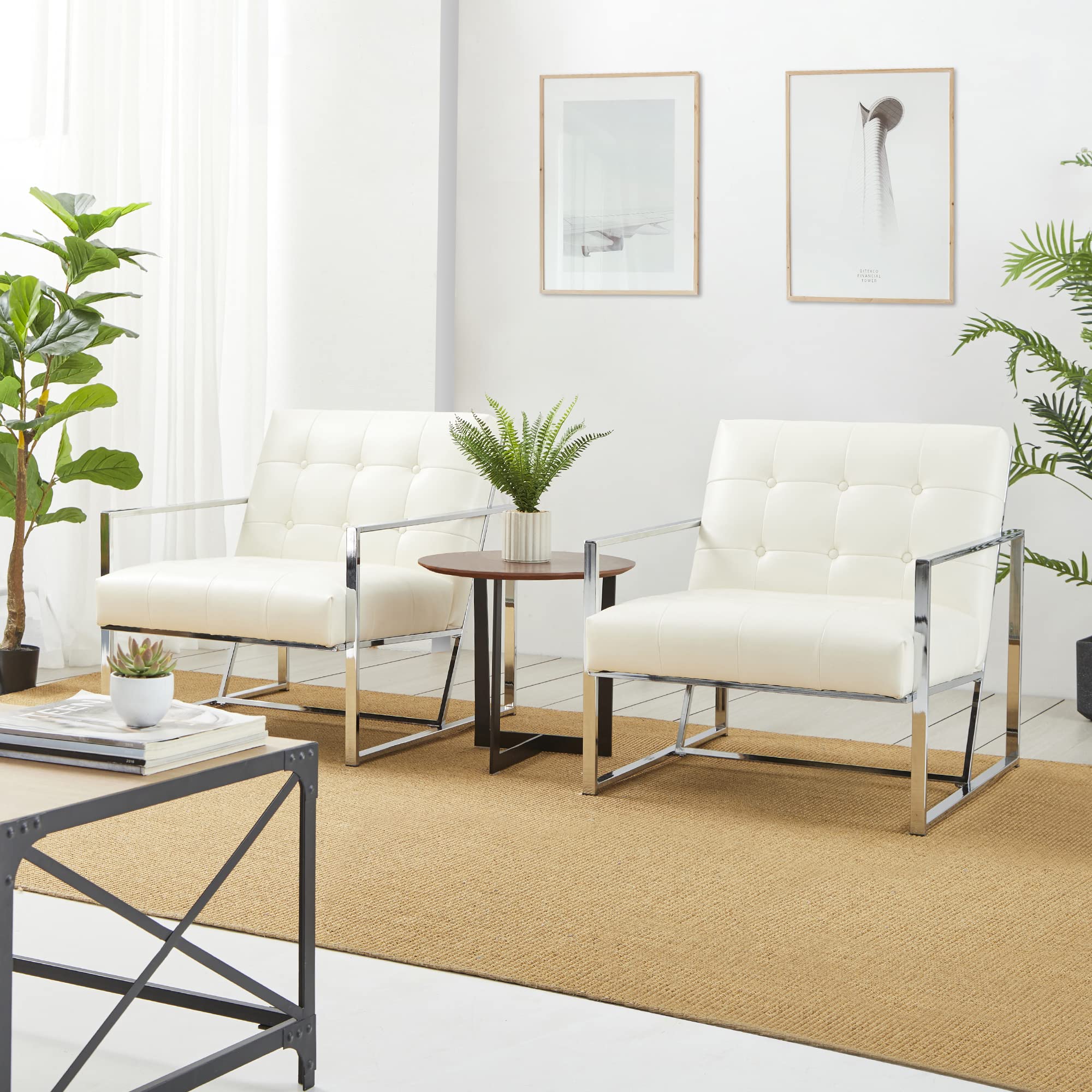 Glitzhome Mid Century Modern Accent Chair - Durable Metal Frame & PU Leather Cushioned Armchair for Living Room, Bedroom, Home Office - Off White | Perfect for Reading Nooks, Lounge Areas & Contemporary Decor