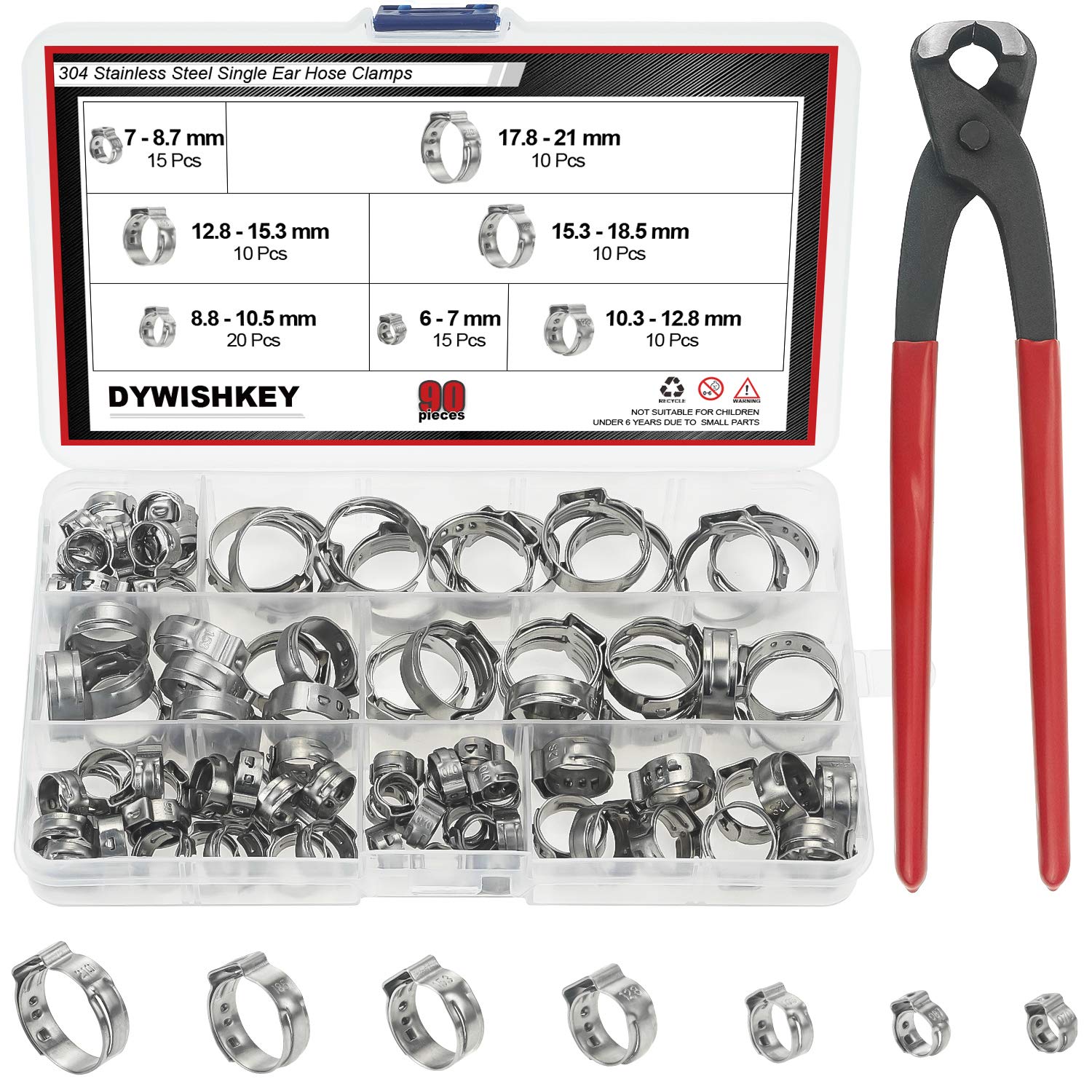 DYWISHKEY 304 Stainless Steel Single Ear Hose Clamps with Pincers Kit (90 PCS) - Heavy Duty Clamps for Automotive, Plumbing, and Industrial Applications