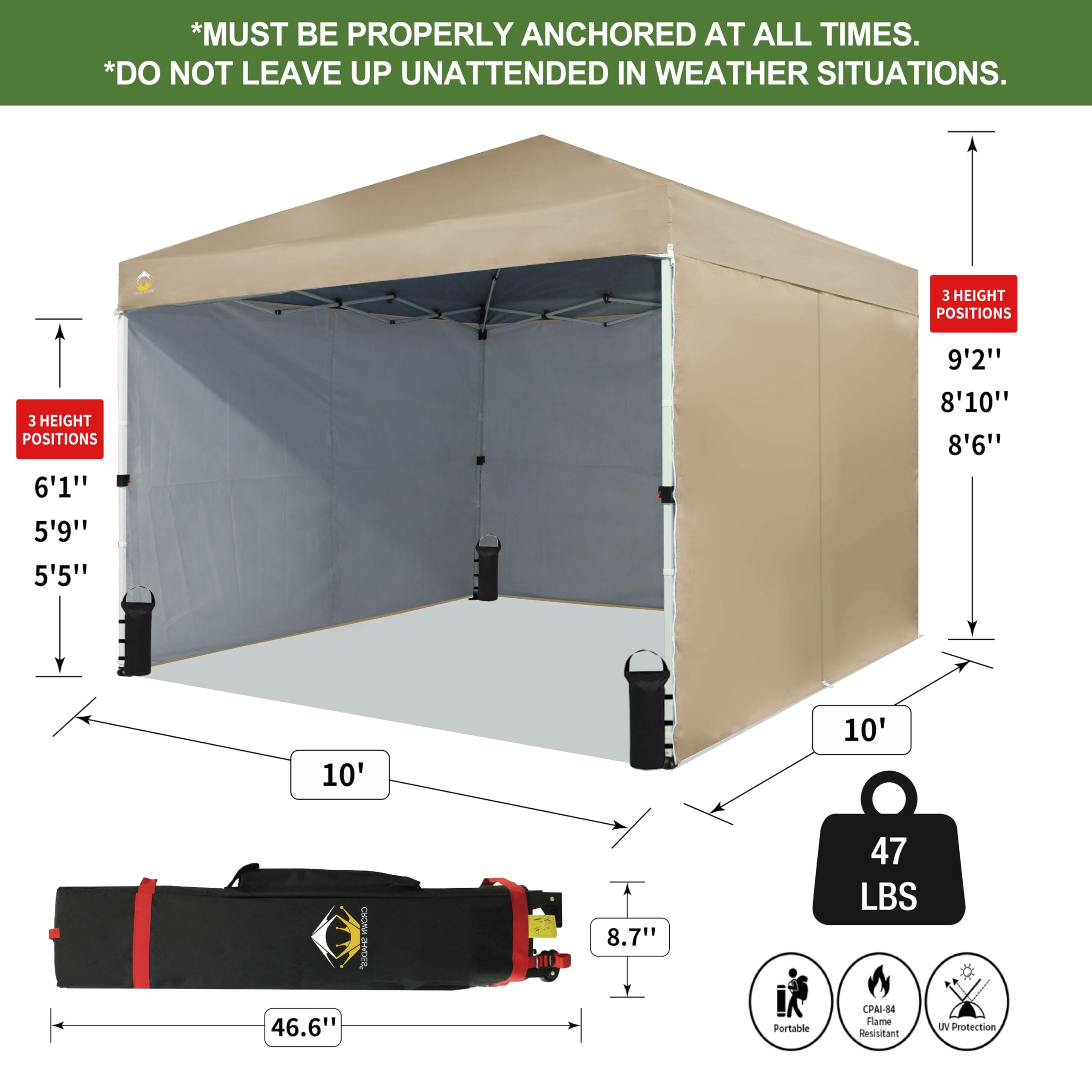10x10 Instant Pop Up Canopy Tent with Sidewalls - Beige for Outdoor Events & Markets