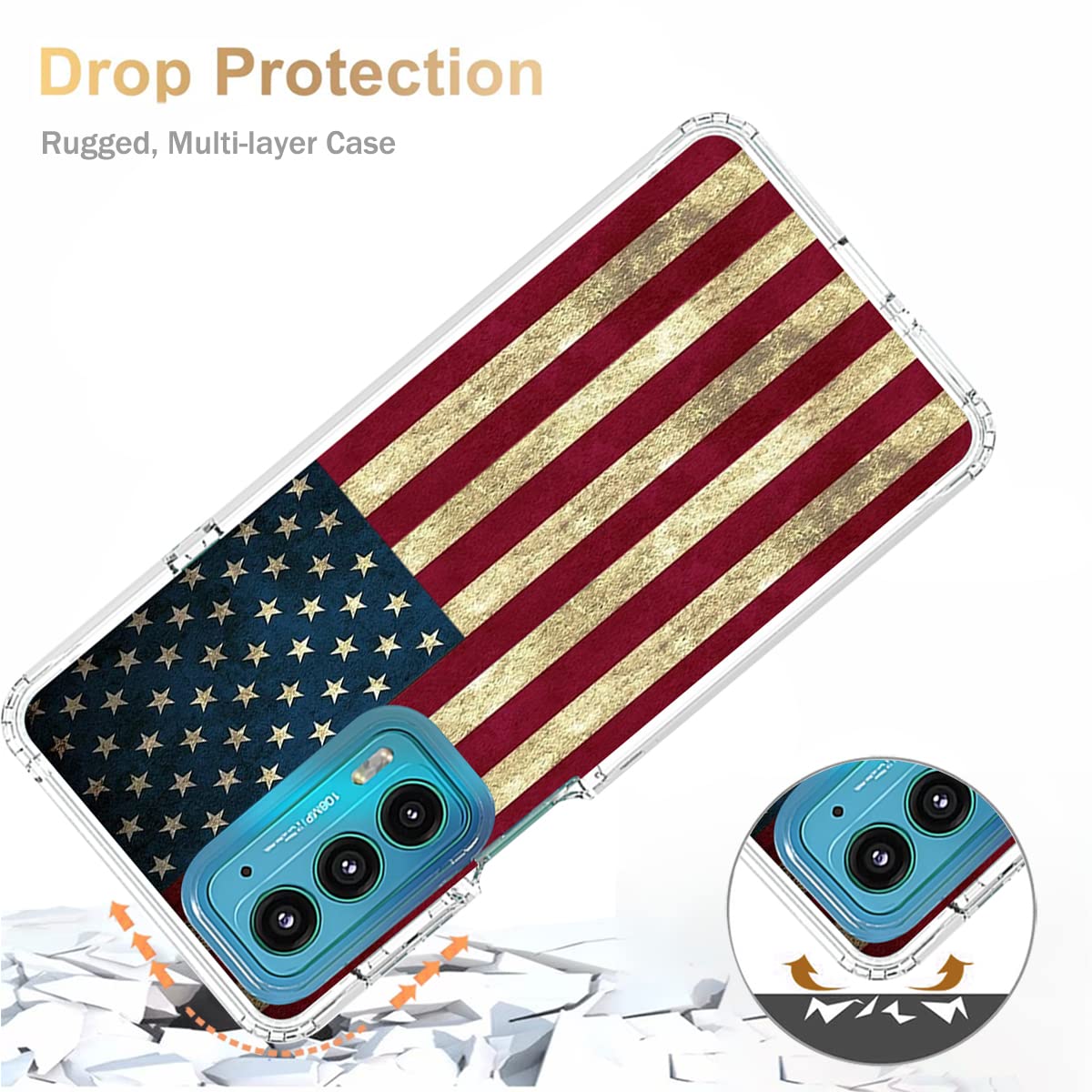 **Motorola Edge 20 Case with Tempered Glass Screen Protector – Cute Clear USA Flag Design, Full-Body Protective Cover for Moto Edge 20 5G – Perfect for Daily Use, Travel & Outdoor Activities**