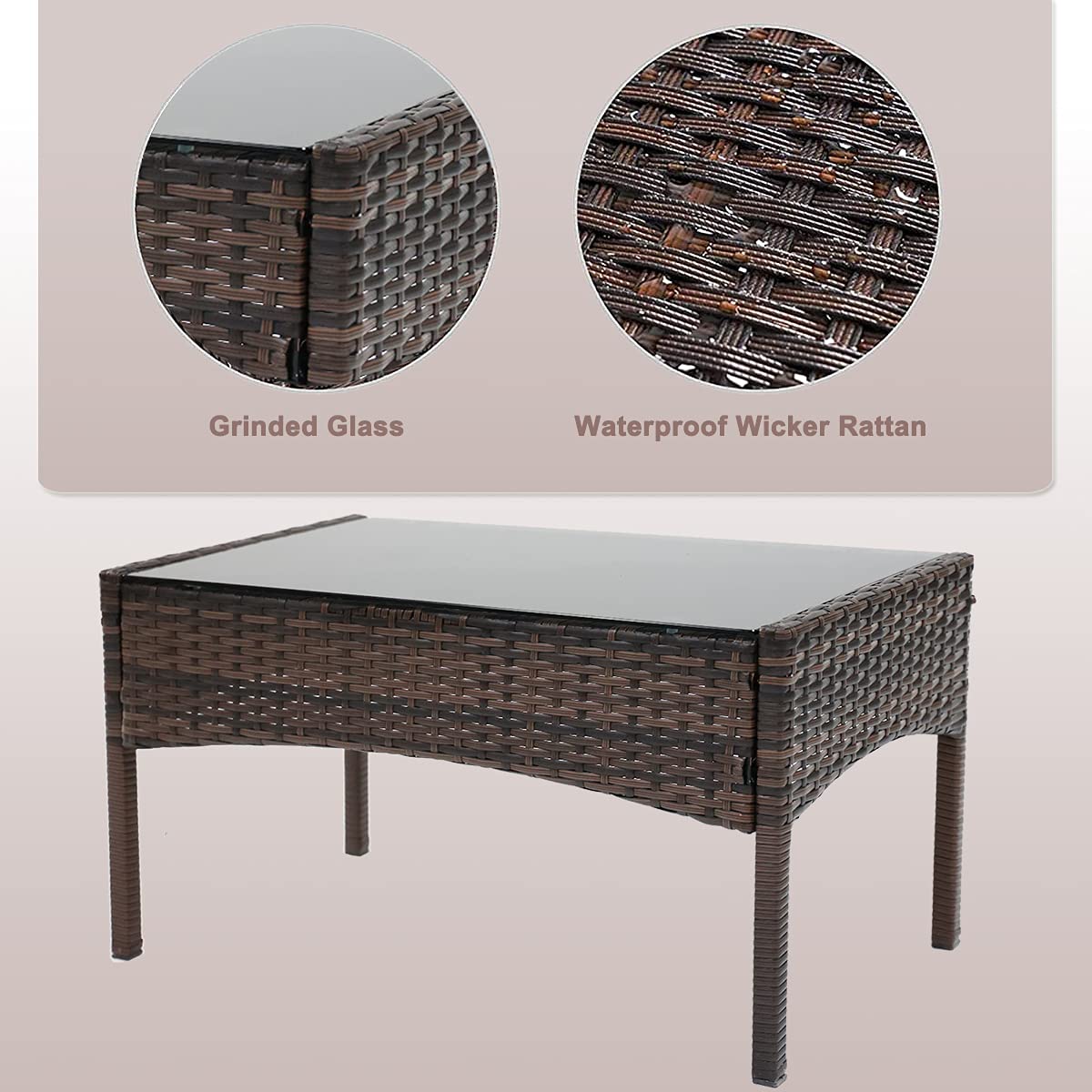 VANCIKI 4-Piece Outdoor Patio Furniture Set - Rattan Wicker Chairs & Table with Beige Cushions for Porch, Backyard, Garden - Black-Brown Conversation Set - Perfect for Relaxing, Entertaining & Outdoor Dining