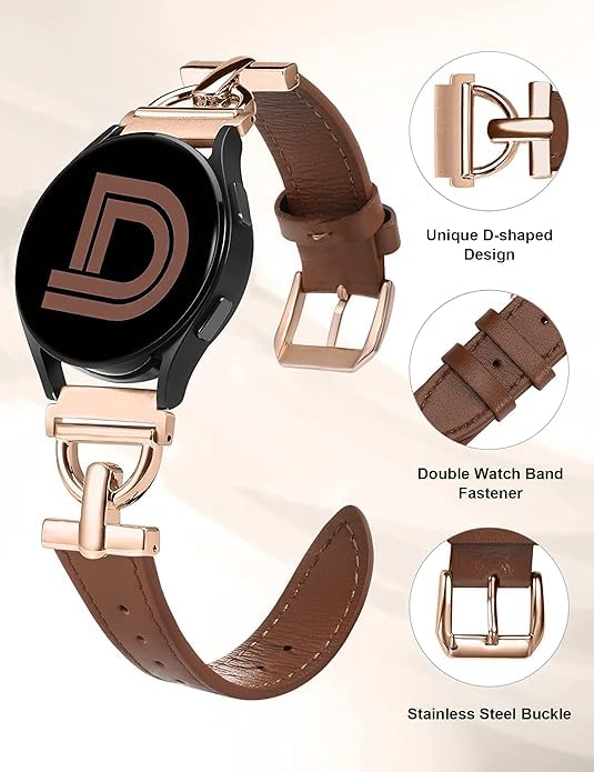 Premium 20mm Leather Watch Band for Samsung Galaxy Watch 7/6/5/4 Series & Active 2 | D-Shape Buckle Strap Compatible with Galaxy Watch 6 Classic/5 Pro/4 Classic & Vivoactive 3 | Dark Brown & Rose Gold Options | Dressy & Casual Wear for Men & Women