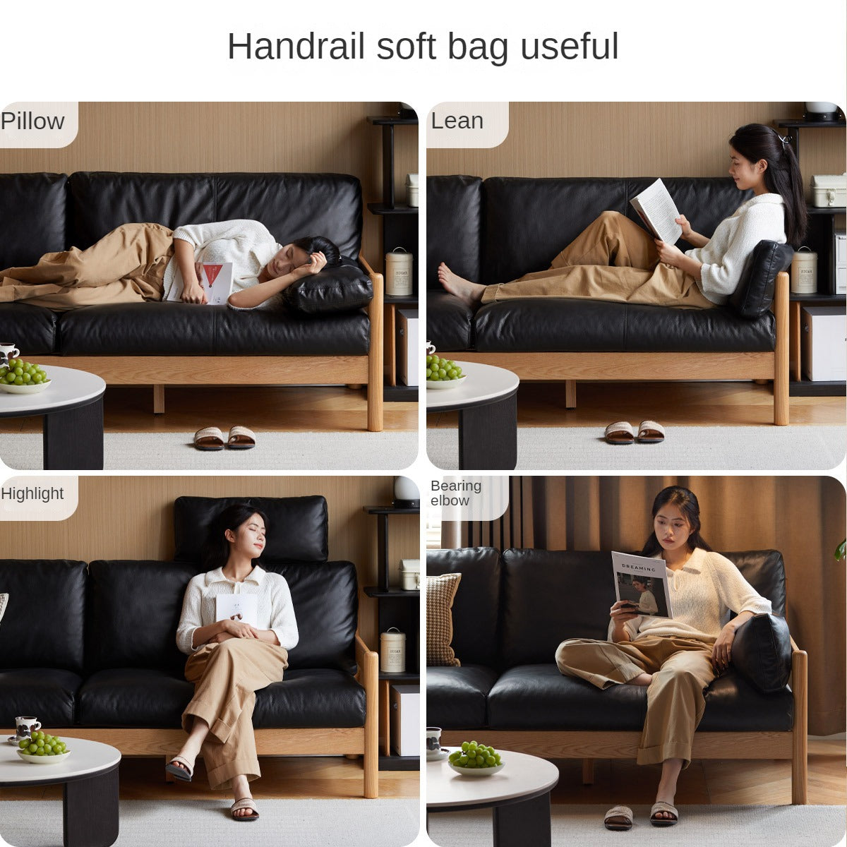 Premium Oak Solid Wood Modern Leather Sofa - Luxury Comfort for Living Room, Office & Lounge Areas
