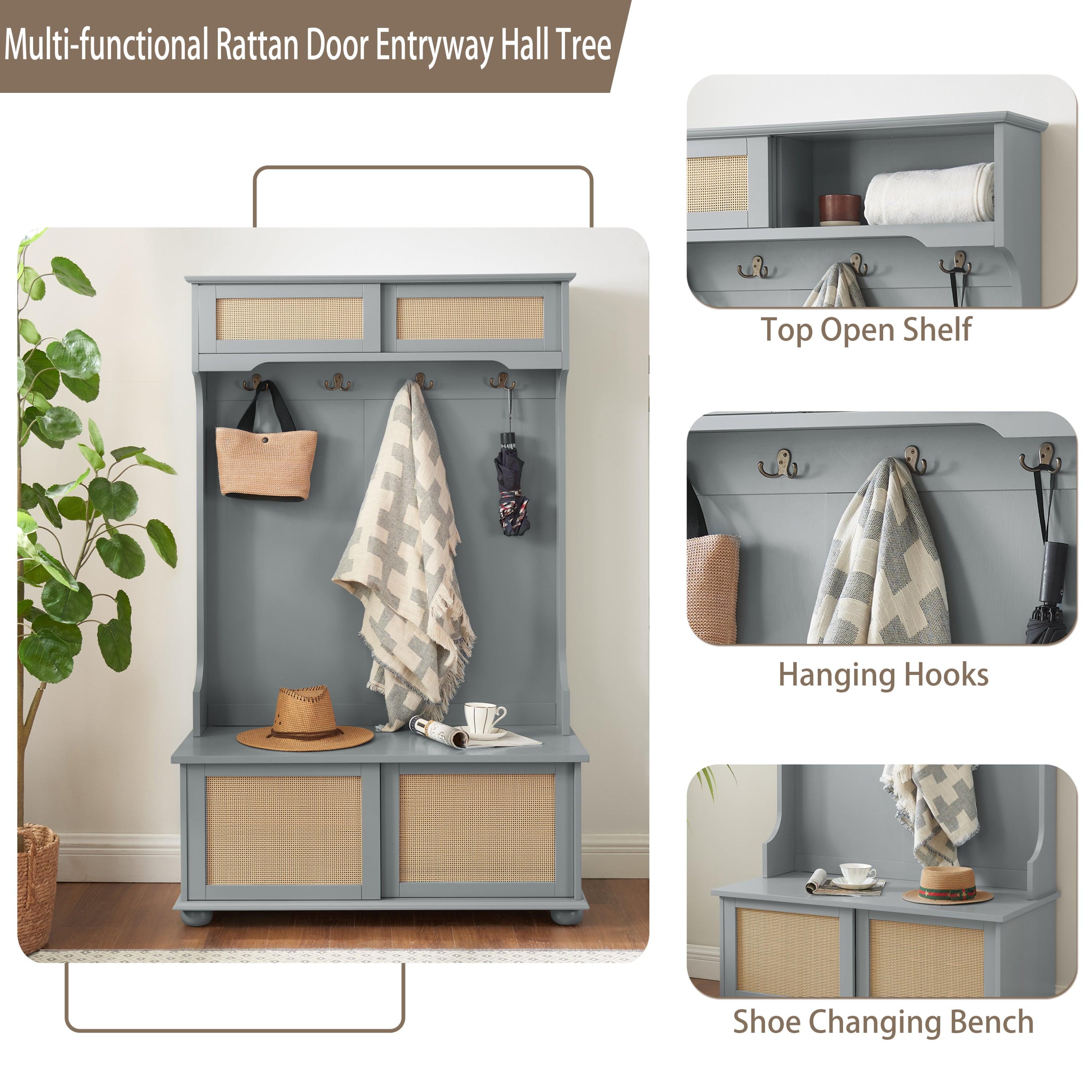 Stylish Gray Entryway Bench with Rattan Shelves & Shoe Storage - Solid Wood Hall Tree (40.16