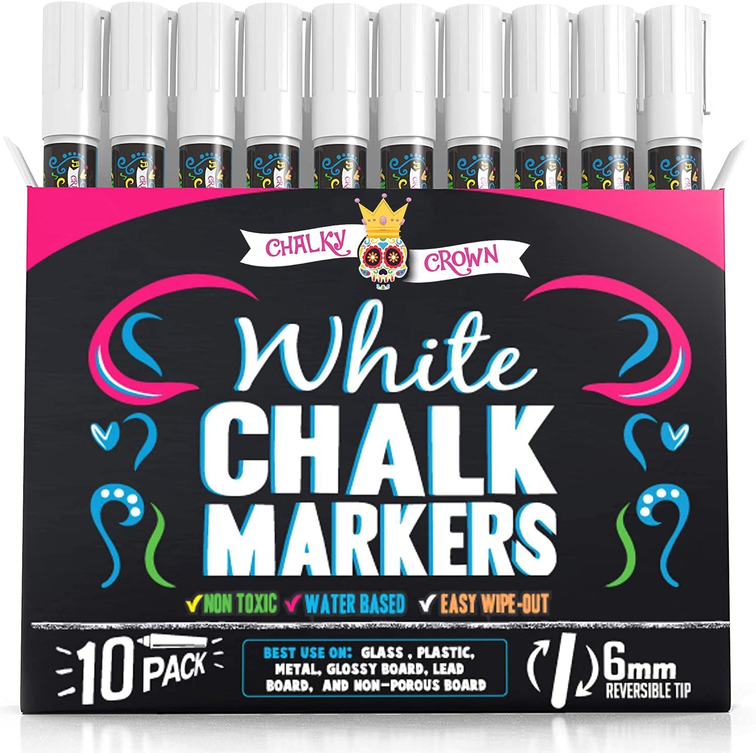 CHALKY CROWN Liquid Chalk Markers - 10 Pack White Dry Erase Pens with 6mm Reversible Tip for Chalkboard, Blackboard, Windows & Glass - Perfect for Restaurant Signs, Classroom Teaching, Retail Displays & DIY Projects