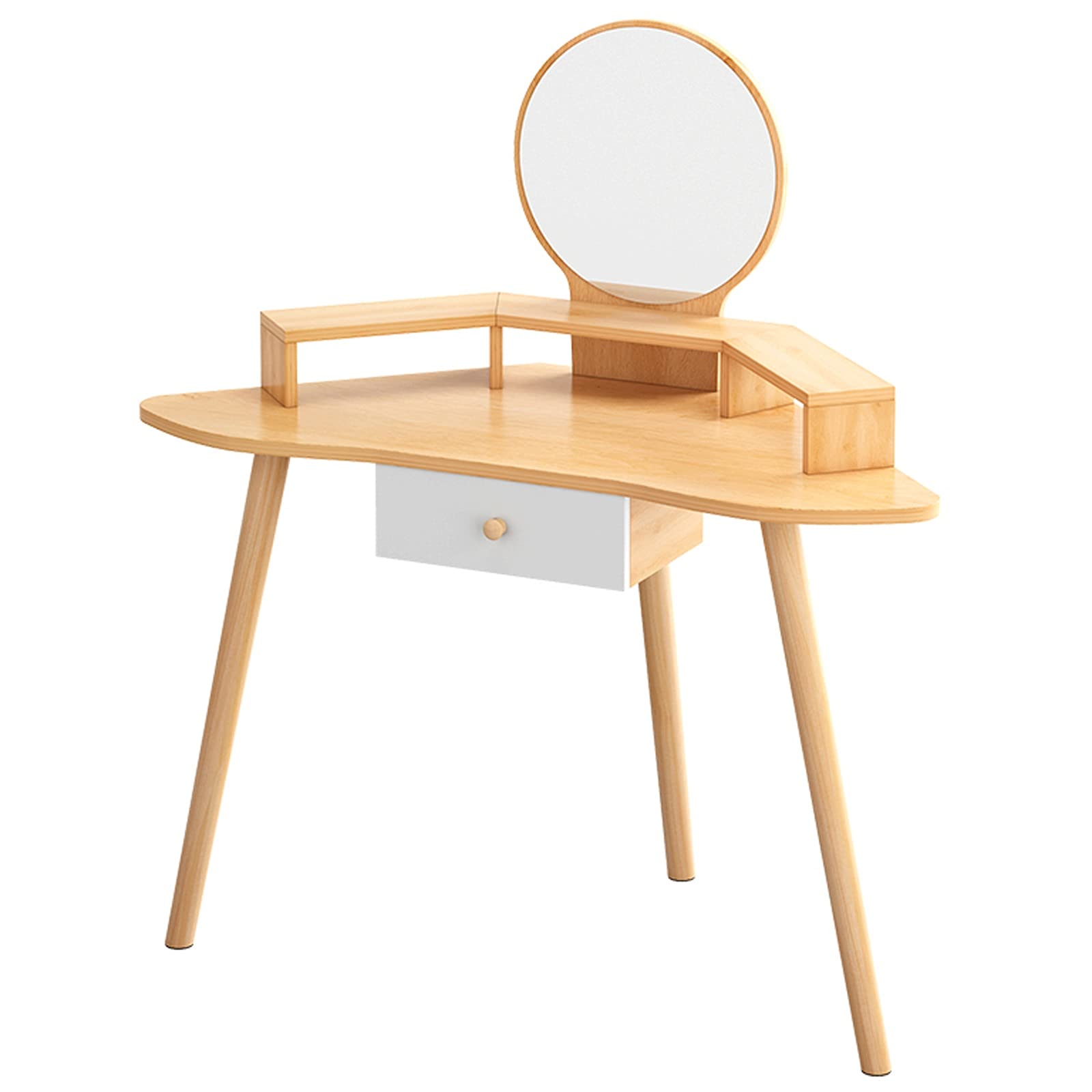 OMIDM Vanity Table with Mirror, 1 Drawer & Open Shelves - Rounded Corner Makeup Dressing Table for Bedroom, Home Decor & Beauty Organization (Perfect for Small Spaces & Daily Makeup Routine)