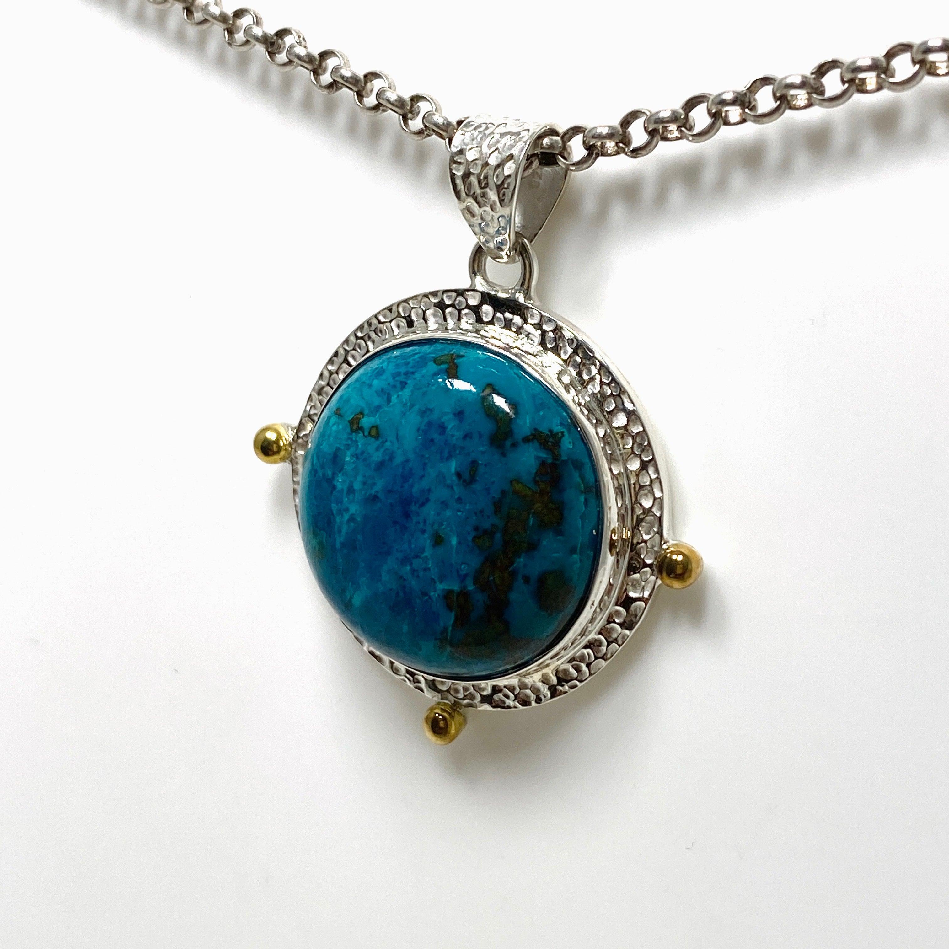 Chrysocolla and Shattuckite Round Pendant Necklace - Handmade Gemstone Jewelry KPGJ4424 | Spiritual Healing, Meditation & Boho Fashion Accessory