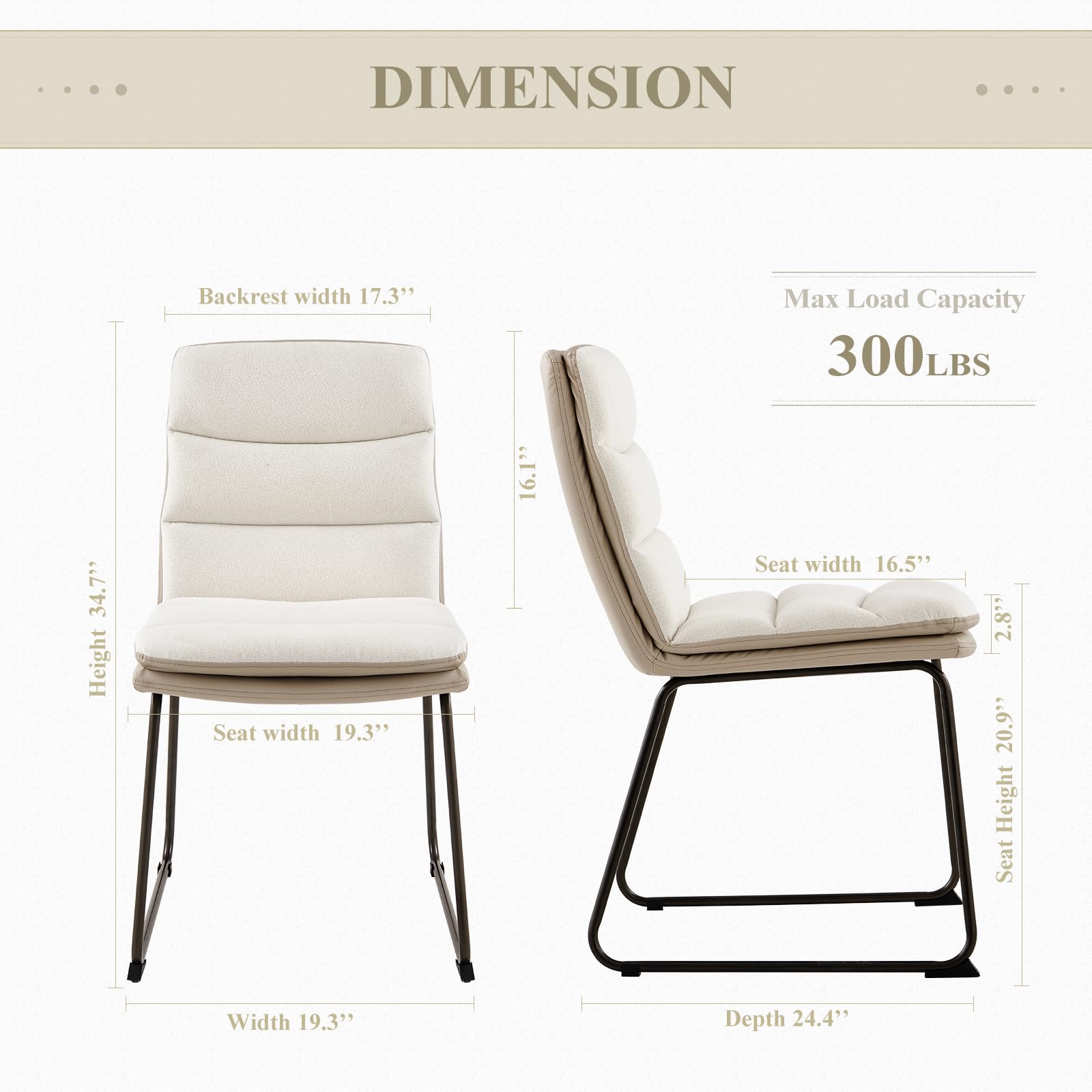 Modern Upholstered Dining Chairs Set of 2 - PU Leather & Fabric Kitchen Side Chairs with Sturdy Metal Legs, Cream - Perfect for Home Dining Room, Breakfast Nook & Small Space Decor