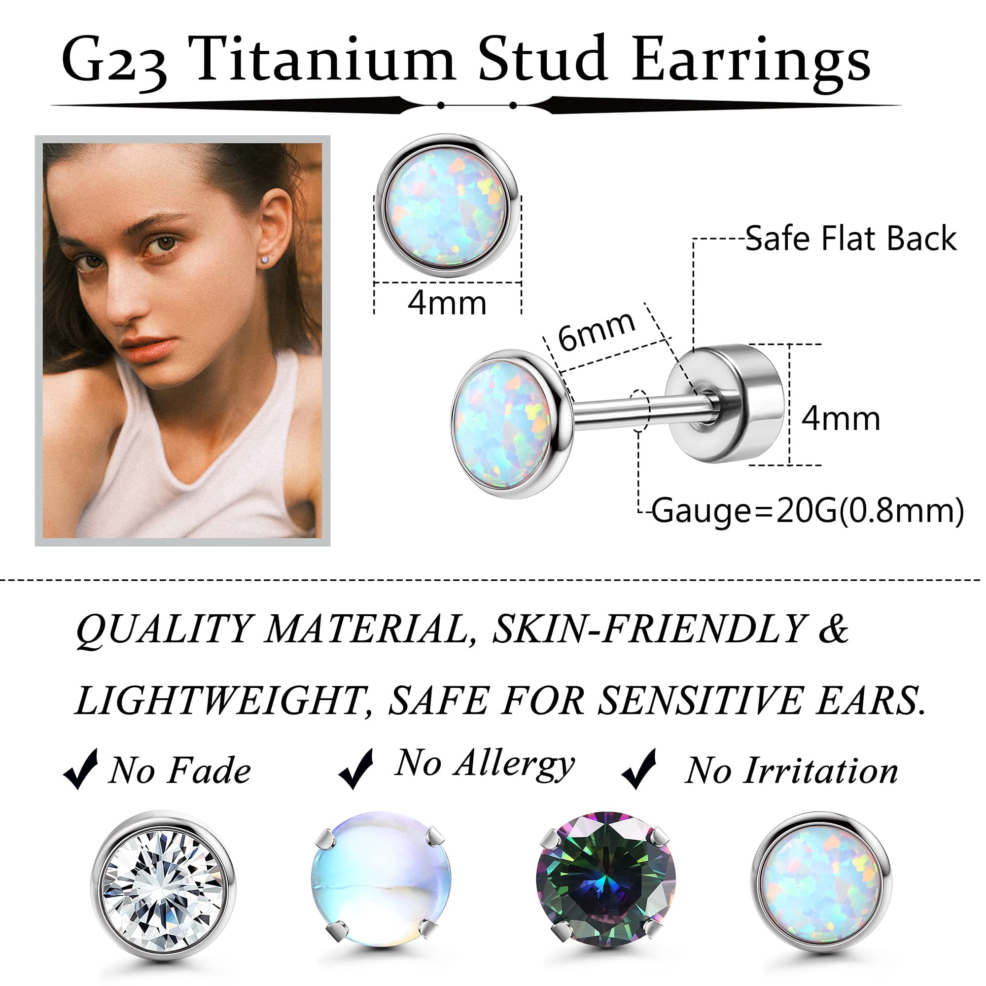 FIOROYAL 4 Pairs Titanium Earrings Studs for Women & Men - Opal, Moonstone, Onyx & Cubic Zirconia Flat Back Cartilage Earrings | Hypoallergenic, Comfort Fit for Daily Wear & Special Occasions