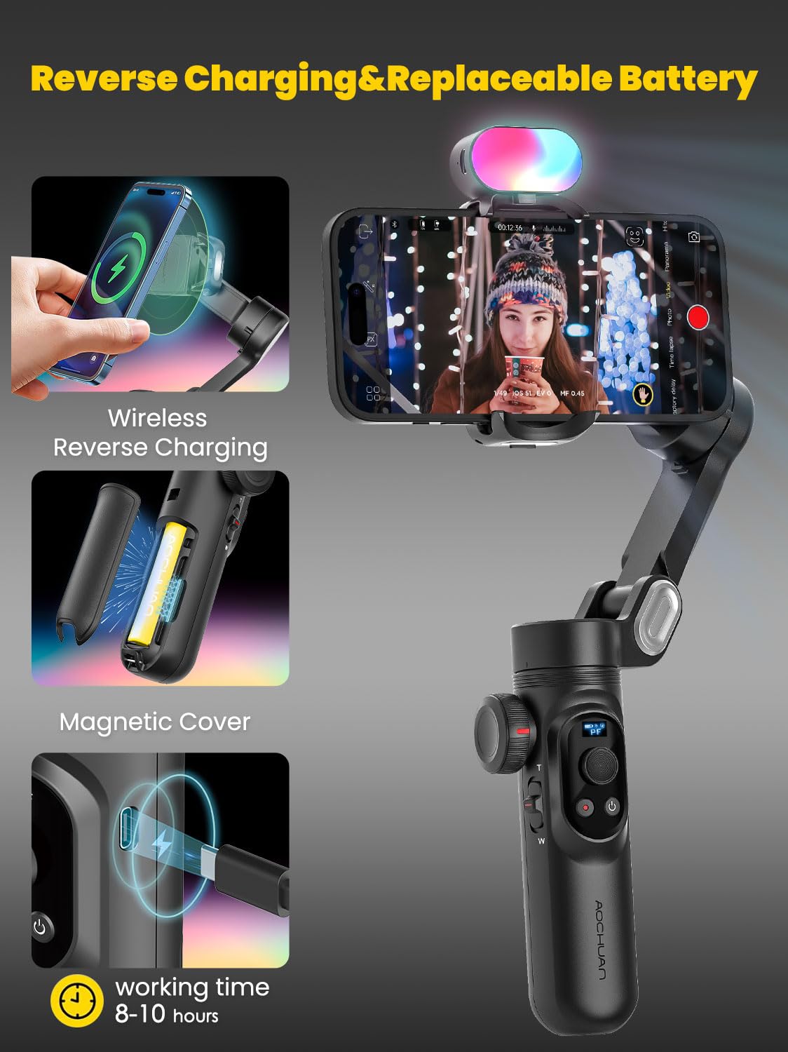 Professional 3-Axis Smartphone Gimbal Stabilizer with RGB Fill Light, Extension Rod & OLED Display - Wireless Charging Compatible with iPhone 15/14/13 Pro/Max & Galaxy S22 - Perfect for TikTok, YouTube & Vlogging (Smart X Pro Combo1)