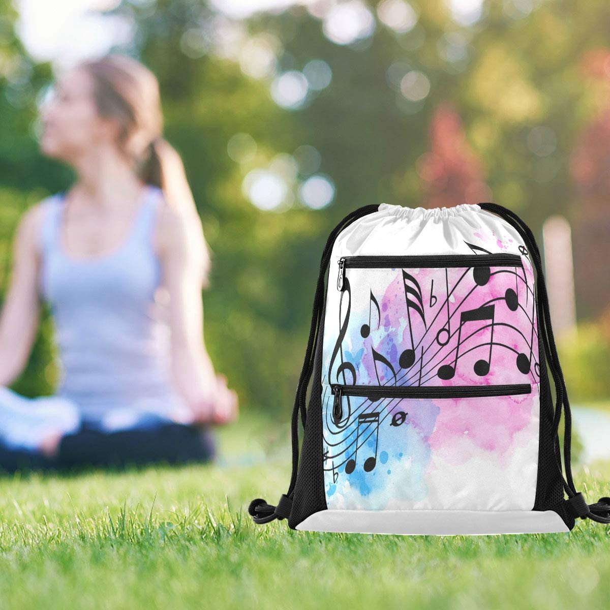 QMXO Abstract Music Notes Drawstring Backpack with Zip Pocket - Lightweight Gym Bag for Sports, Yoga, Travel - Unisex Daypack for Men, Women, Boys & Girls - Perfect for School, Workout, Beach & Outdoor Activities