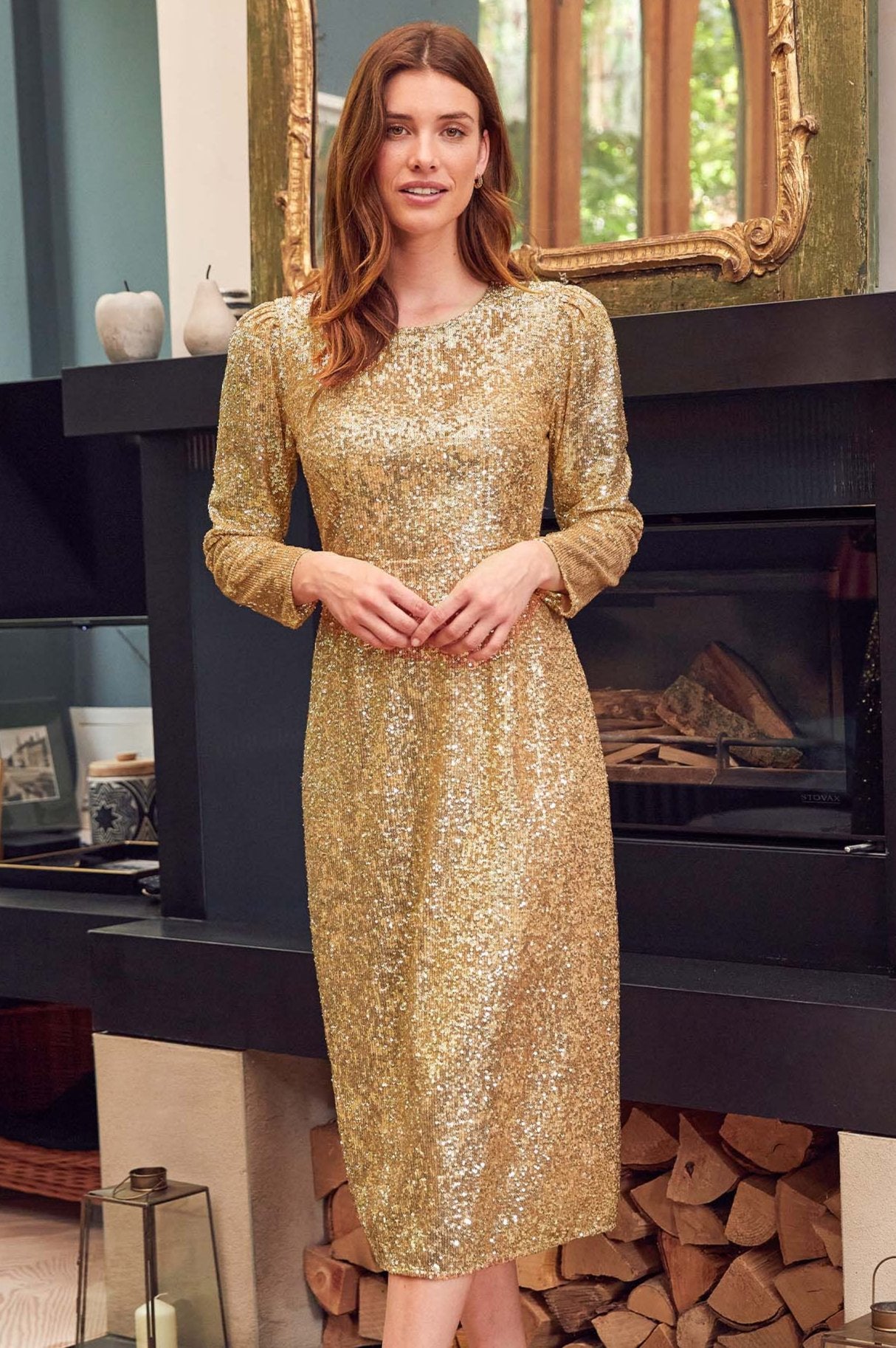 Elegant Tasmin Sequin Midi Dress in Champagne Gold - Perfect for Evening Parties, Cocktail Events & Special Occasions