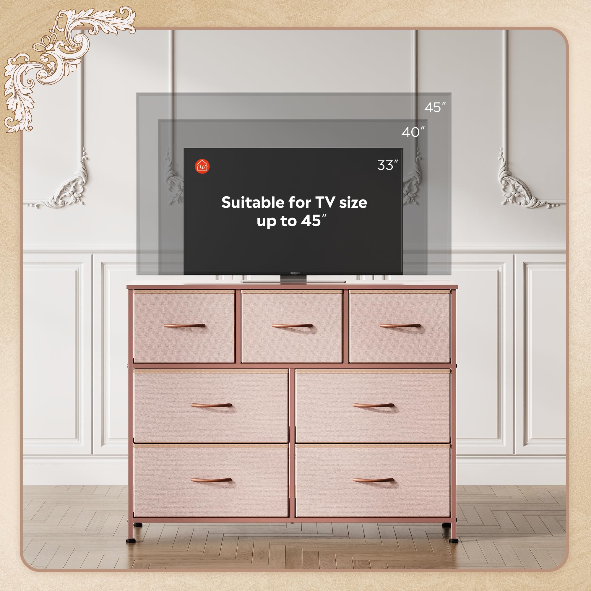 WLIVE 7-Drawer Dresser TV Stand with Metal Frame & Wood Top - Entertainment Center & Media Console for TVs up to 45 Inches - Chest of Drawers for Bedroom & Living Room (Pink) - Perfect for Small Spaces, Apartment Living & Home Organization