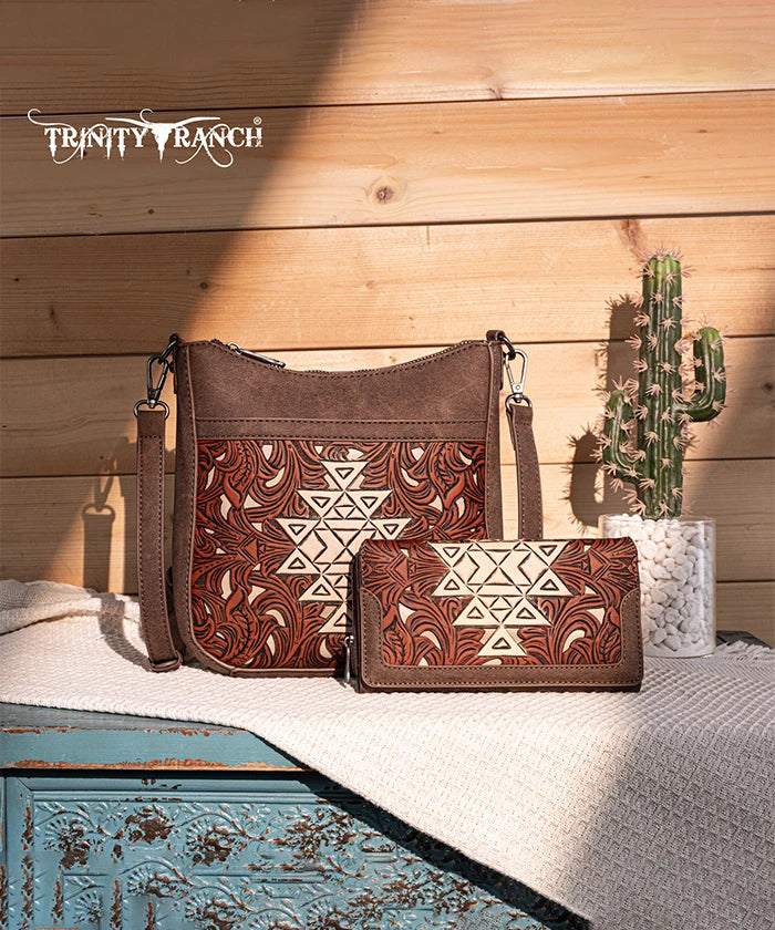Trinity Ranch Tooled Leather Crossbody Bag Set for Women - Western Style Handbag Purse with Adjustable Strap - Perfect for Travel, Shopping & Everyday Use