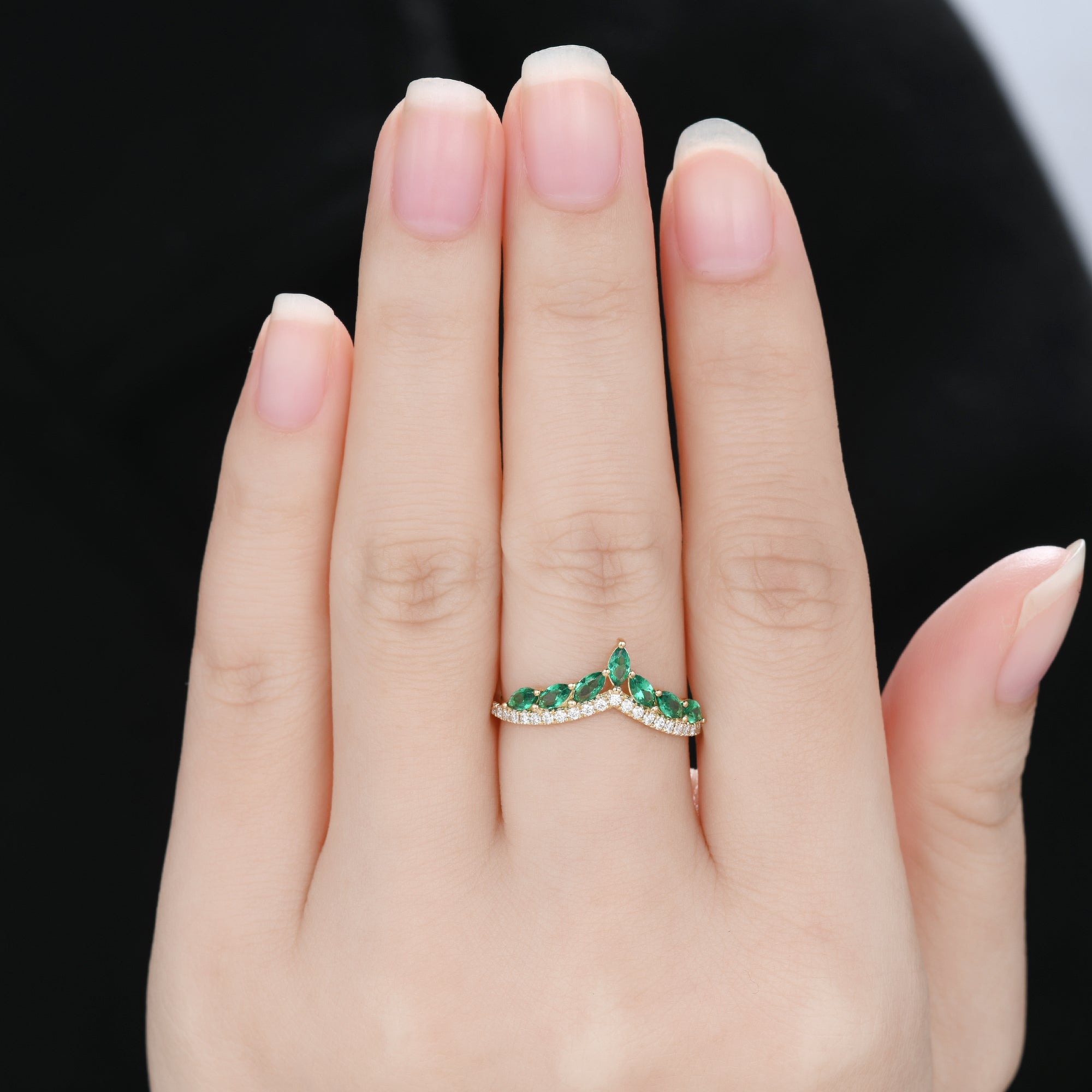 Exquisite Marquise Emerald Curved Wedding Band - 14K Yellow Gold Moissanite Engagement Ring for Women | Perfect for Bridal Jewelry, Anniversary Gifts & Special Occasions
