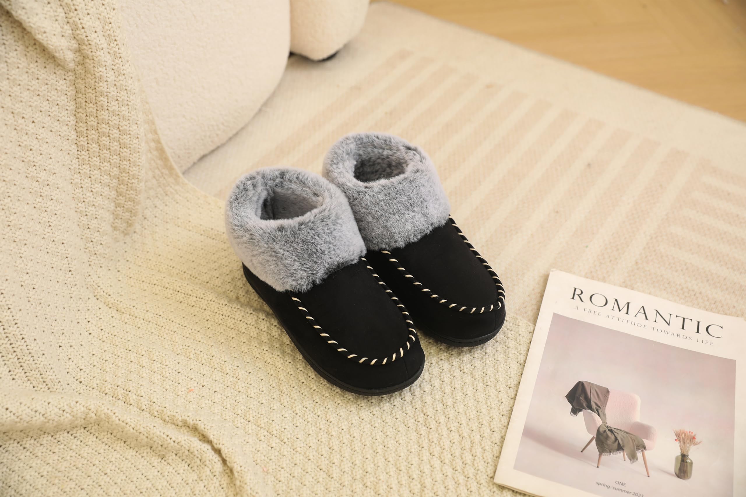 VONMAY Women's Bootie Slippers - Soft Suede Moccasin Boots with Fuzzy Plush Faux Fur Lining, Memory Foam Insoles for Winter Warmth, Non-Slip Indoor/Outdoor House Shoes - Perfect for Cozy Home Wear, Winter Lounging & Quick Outdoor Errands