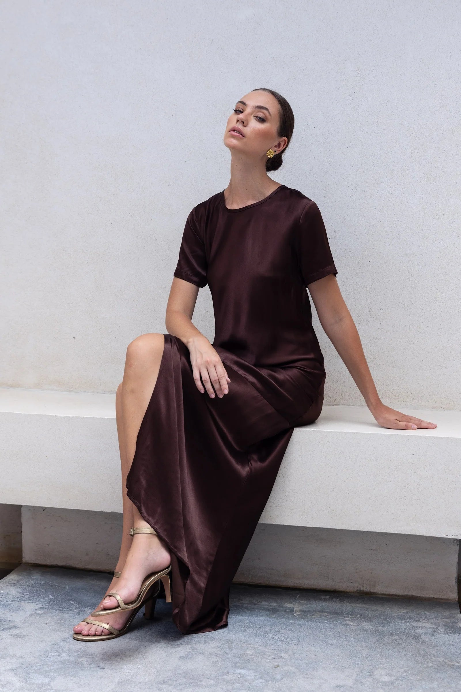 Elegant SS Satin Maxi Dress for Women | Romantic Chocolate Brown Long Dress | Perfect for Date Nights, Weddings & Special Occasions